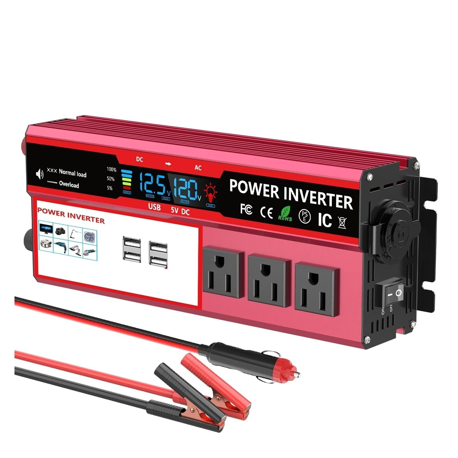 Convertidor Adaptador Inversor Potencia Máxima 2000W DC 12V A AC 220V 230V Transformador 4 USB 2 Enchufes Pantalla LED Encendedor Cigarrillos Coche RV inversor