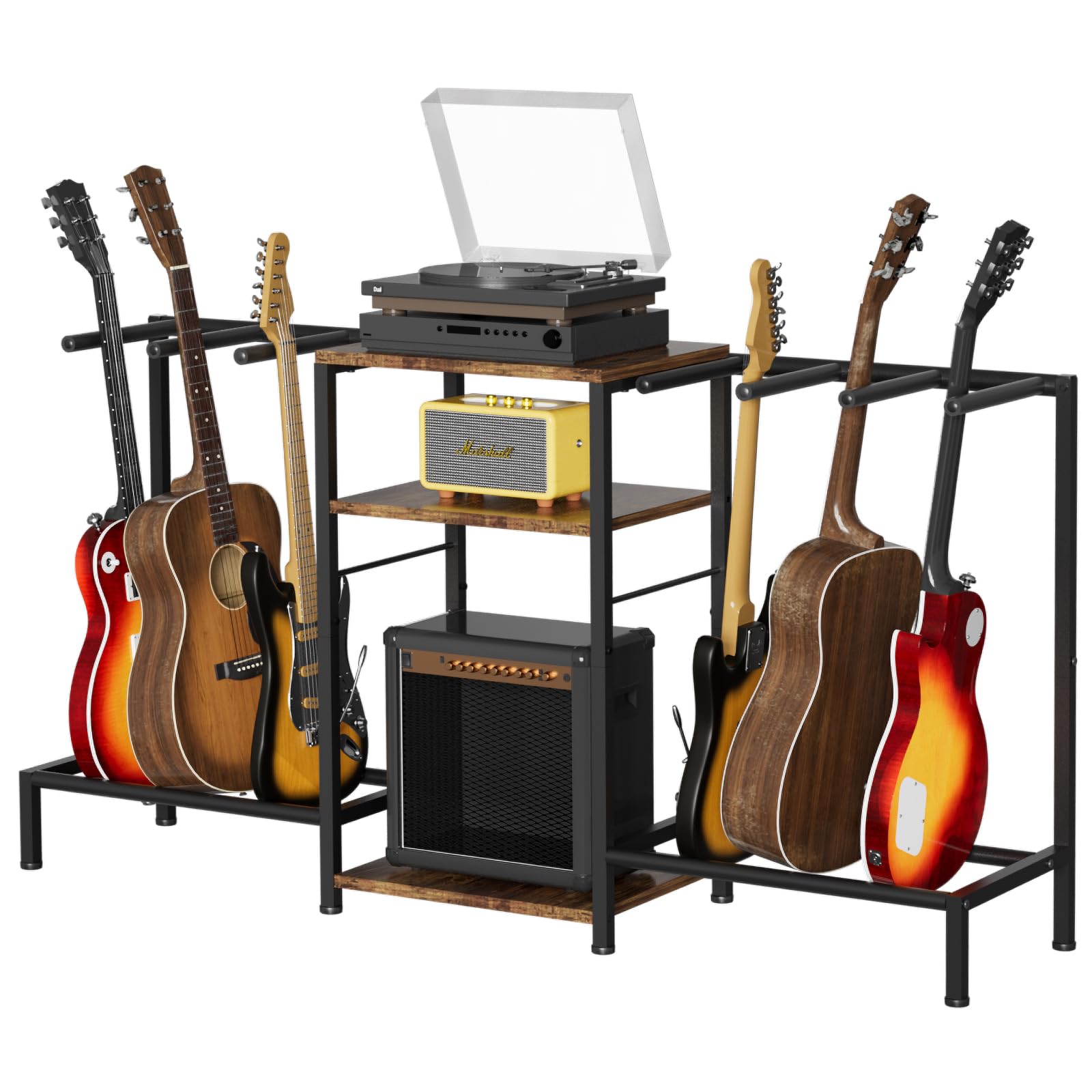Supporto per chitarra per 6 chitarre, regolabile, con protezione imbottita morbida per chitarra acustica, elettrica, basso e ukulele, espositore per chitarra con 3 ripiani per amplificatori e