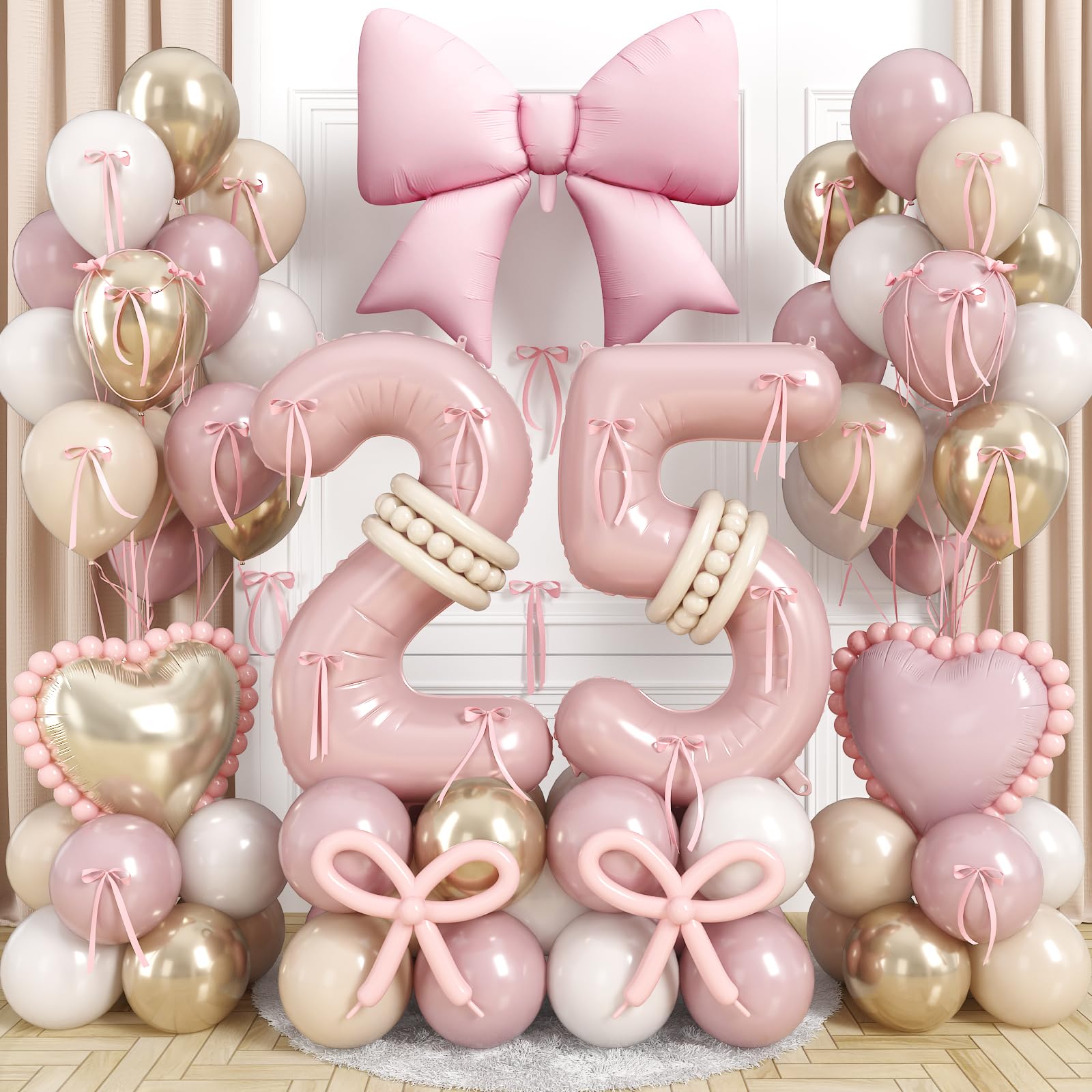 Pink 40 Inch Balloon Number 25 for 25th Birthday Decorations Women, Dusty Blush Pink Gold White Sand Latex Balloons Bow Heart Foil Balloon for Boho 25 Year Old Birthday Anniversary Party Decoration โ image 1