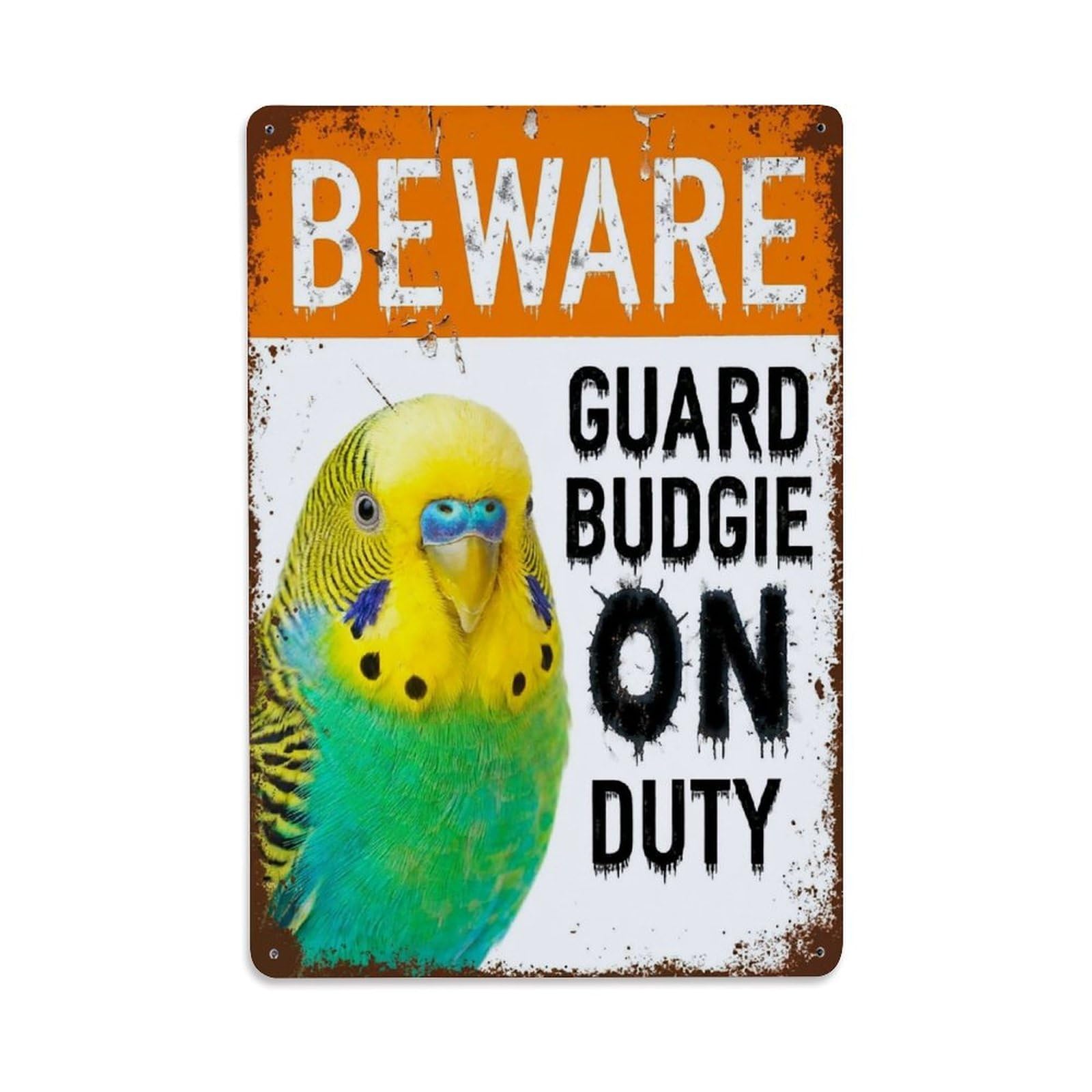 Vintage Funny Budgie Guard Beware of Bird Area Metal Tin Sign Plaque Wall Decor for Cafe, Club Bar, Office, Garden Metal Poster 8x12Inch