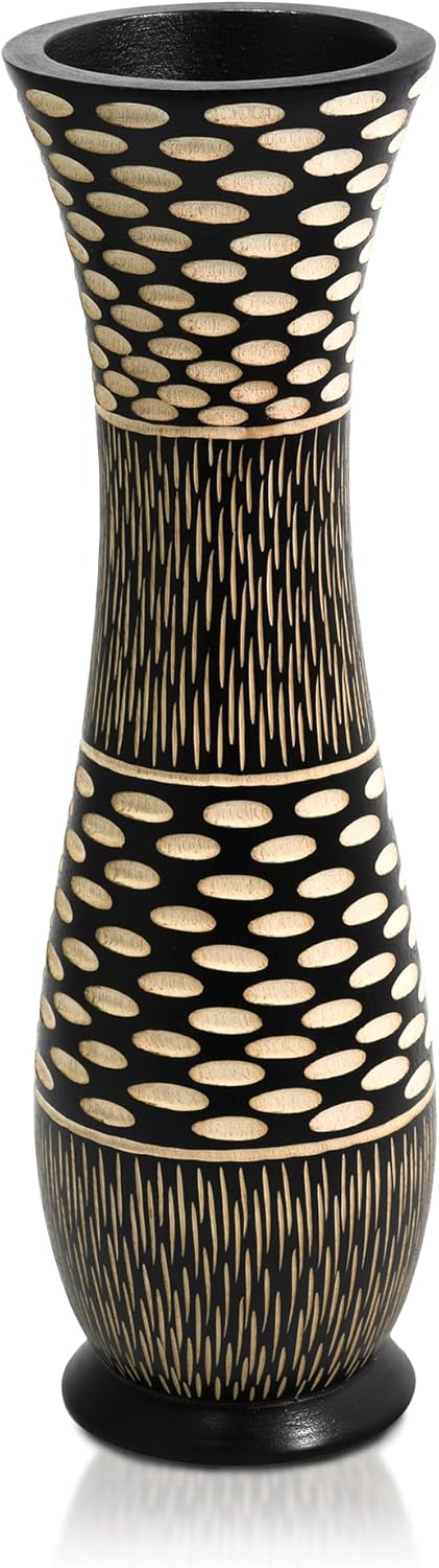 Aeravida Stylish Etched Ovals on Textured Black Mango Tree Wood Hand Carved Vase | Mango Tree Wood Kitchen Decor | Handmade Vase | Etched Ovals on Textured | Black Mango Tree Wood Hand Carved Vase