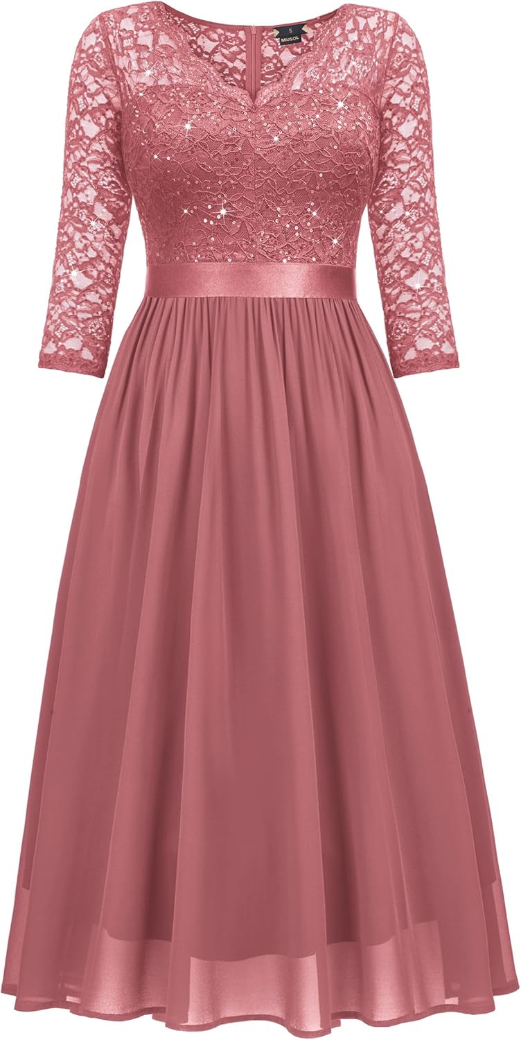 Miusol Women's Elegant V Neck Sequin Lace Sleeve Bridesmaid Party A-line Dress - Image 5