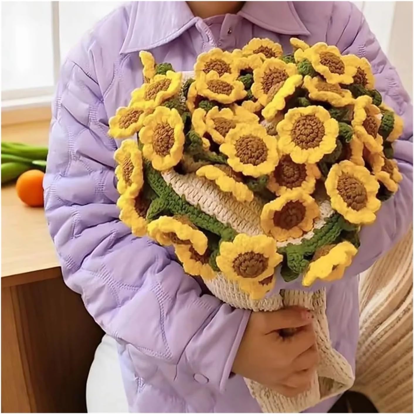Crochet Flowers Bouquet Blanket Gifts Crochet Rose Bouquet Blanket Fashion Sunflower Carnation Artificial Knitted Finished Craft Flower(Style 2)