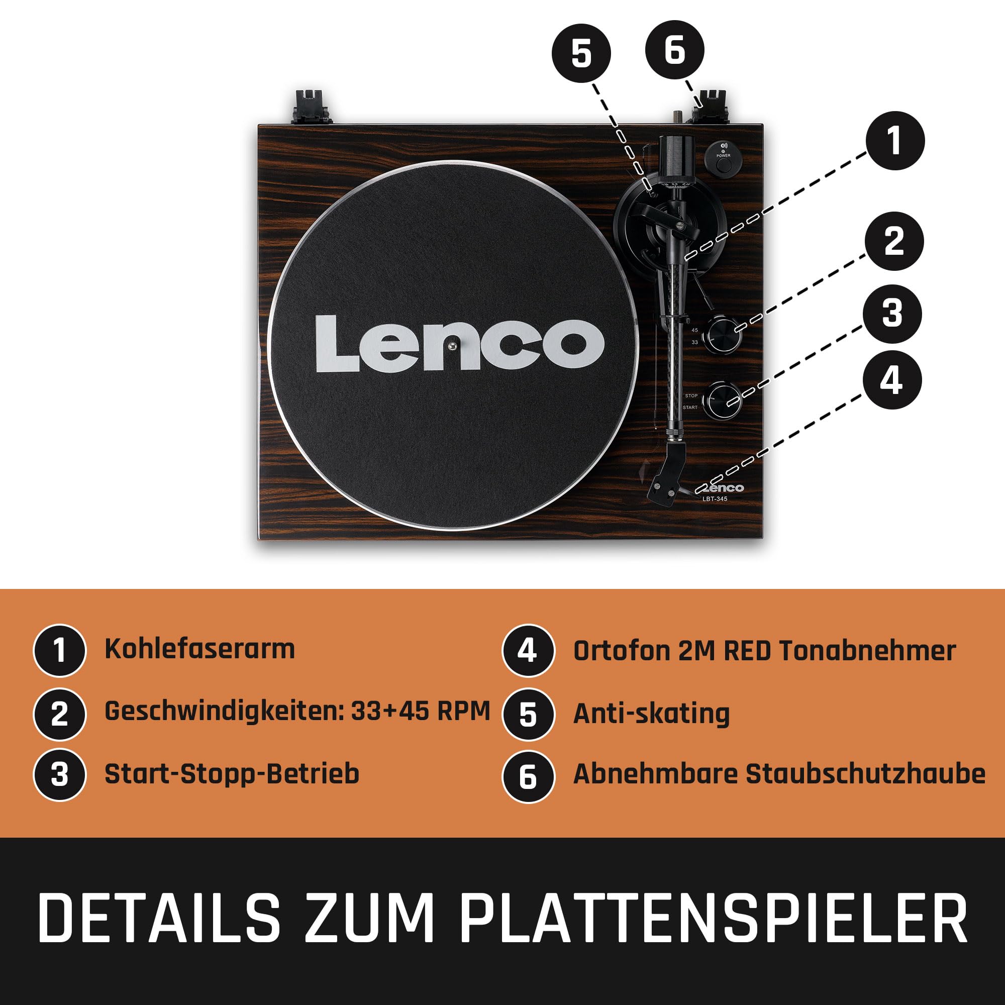 Lenco LBT-345WA - Plattenspieler mit Bluetooth® und 2M Red Tonabnehmer, inklusive verchromtem Plattenspielerstabilisator - Walnuss