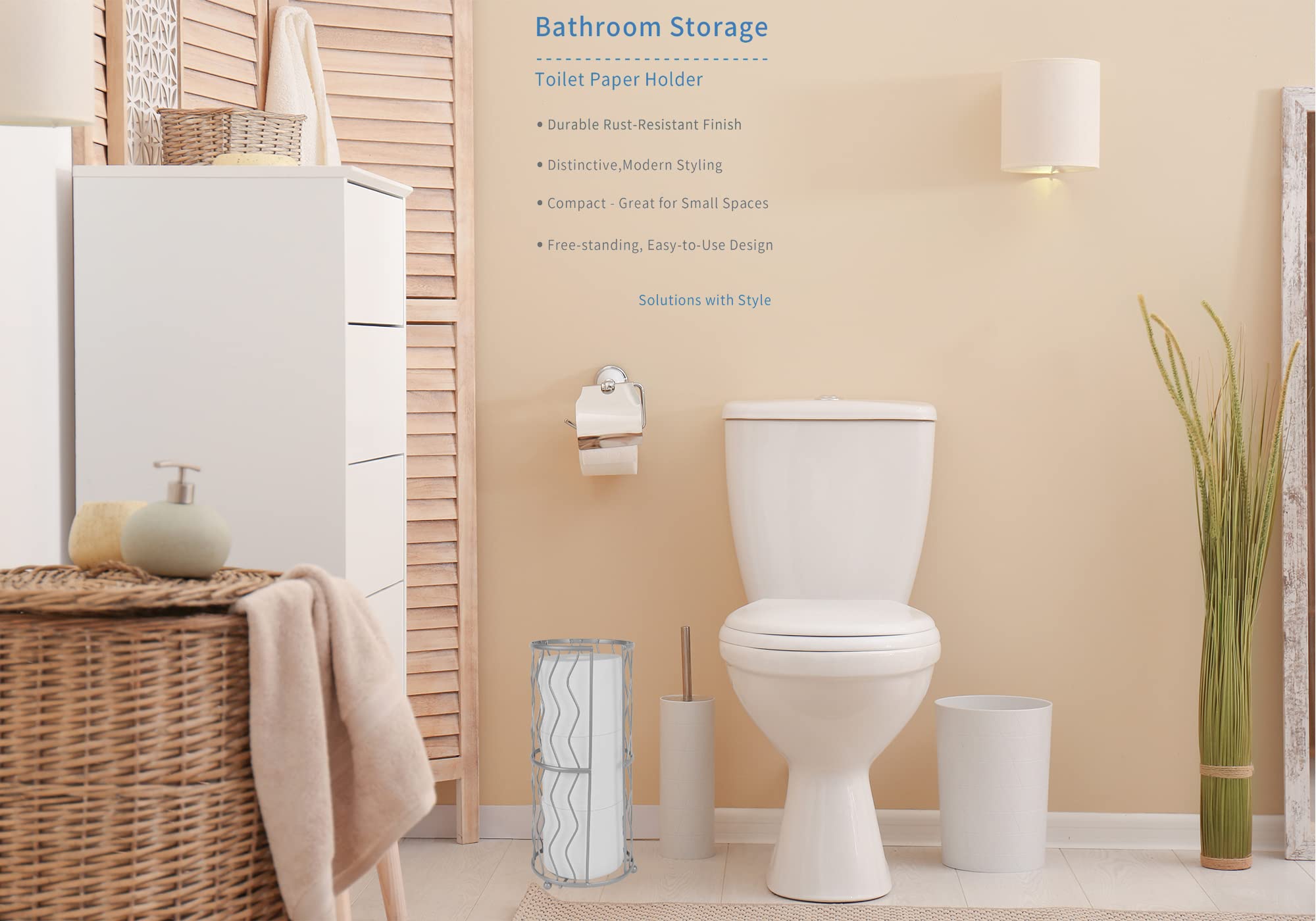 Decorative Metal Standing Toilet Tissue Holder for Bathroom/Powder Room, Compact Tissue Reserve for 3 Rolls of Toilet Paper Grey — Amazon image 5