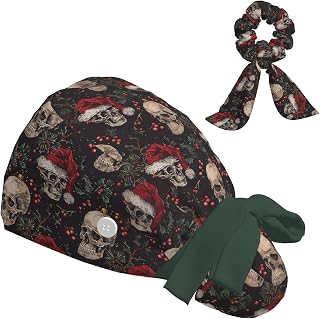 Scrub Caps Women Ponytail, Adjustable Surgical Caps with Buttons and Sweatband, Bouffant Hat with Hair Scrunchy, Nurse Hat, Working Cap, Skull Christmas Gothic Vintage Floral Winter Funny Retro