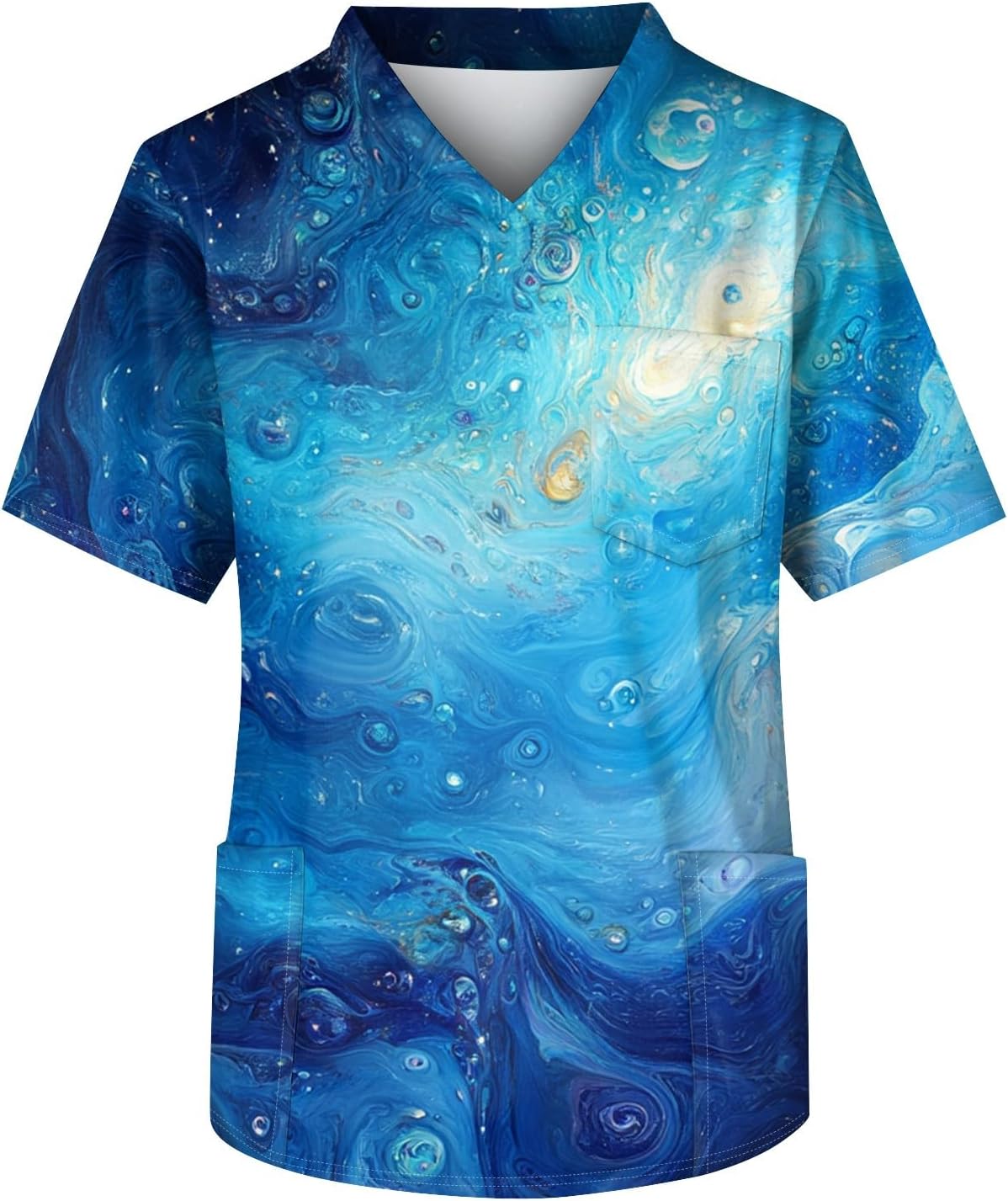Men's Print Scrubs Top Athletic-Fit Short Sleeve Spring Summer Work Shirts with Pockets