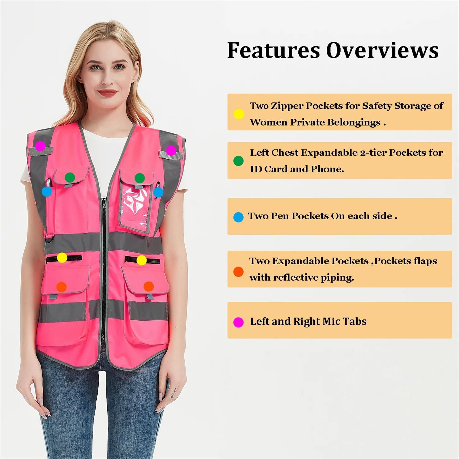 Gilet di Sicurezza Rosa ad Alta visibilità for Uomo Donna - Uniformi da Lavoro con Tasche Abiti(L)