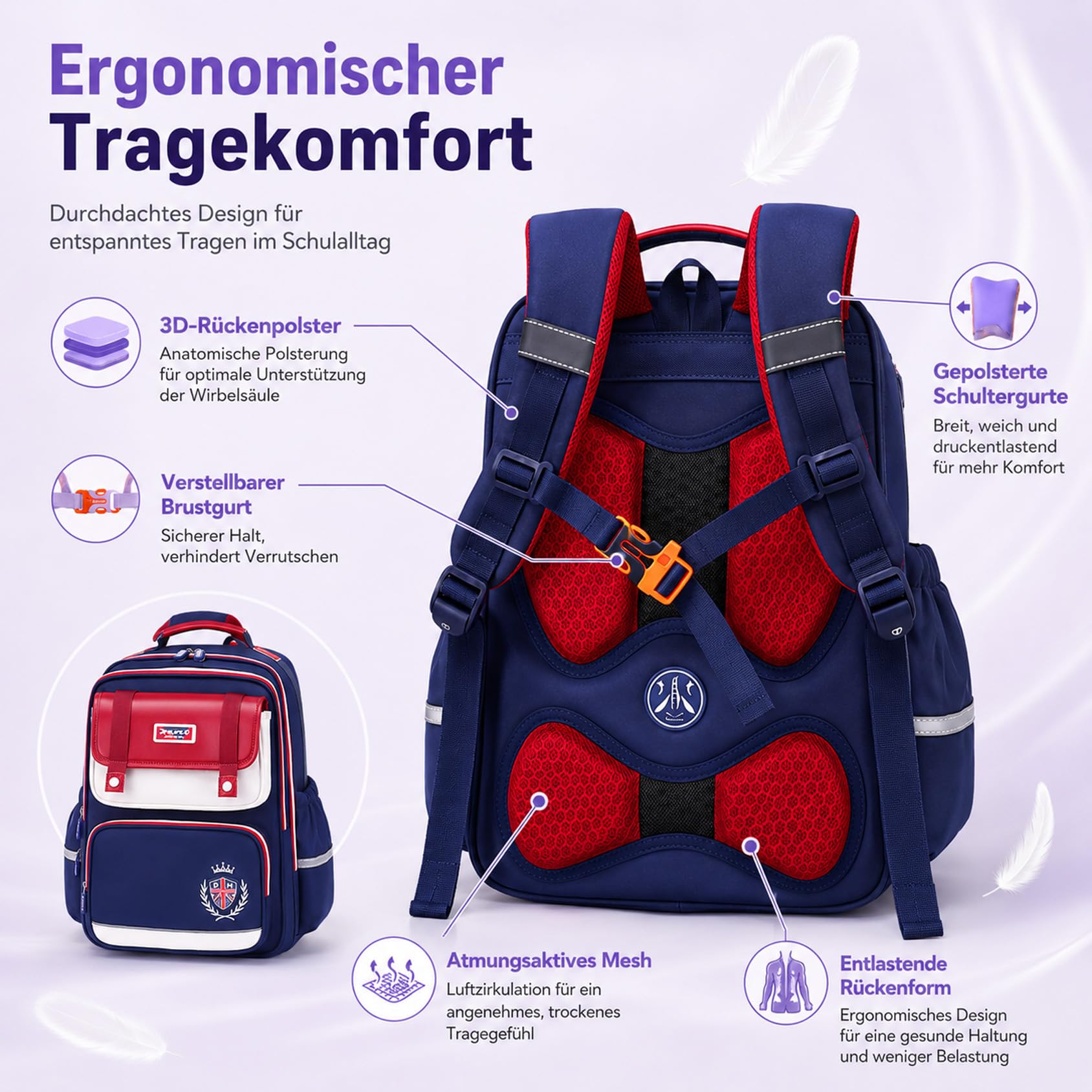 Drawelry Ergonomischer Schulrucksack für Grundschulkinder | 4 Fächer | 3D-Rückenpolster | Brustgurt | Reflektoren | Wasserabweisendes Oxford-Gewebe