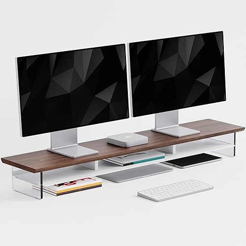 Soporte de monitor de doble nivel para una configuración moderna de escritorio, estante vertical minimalista de madera y metal con pies acrílicos
