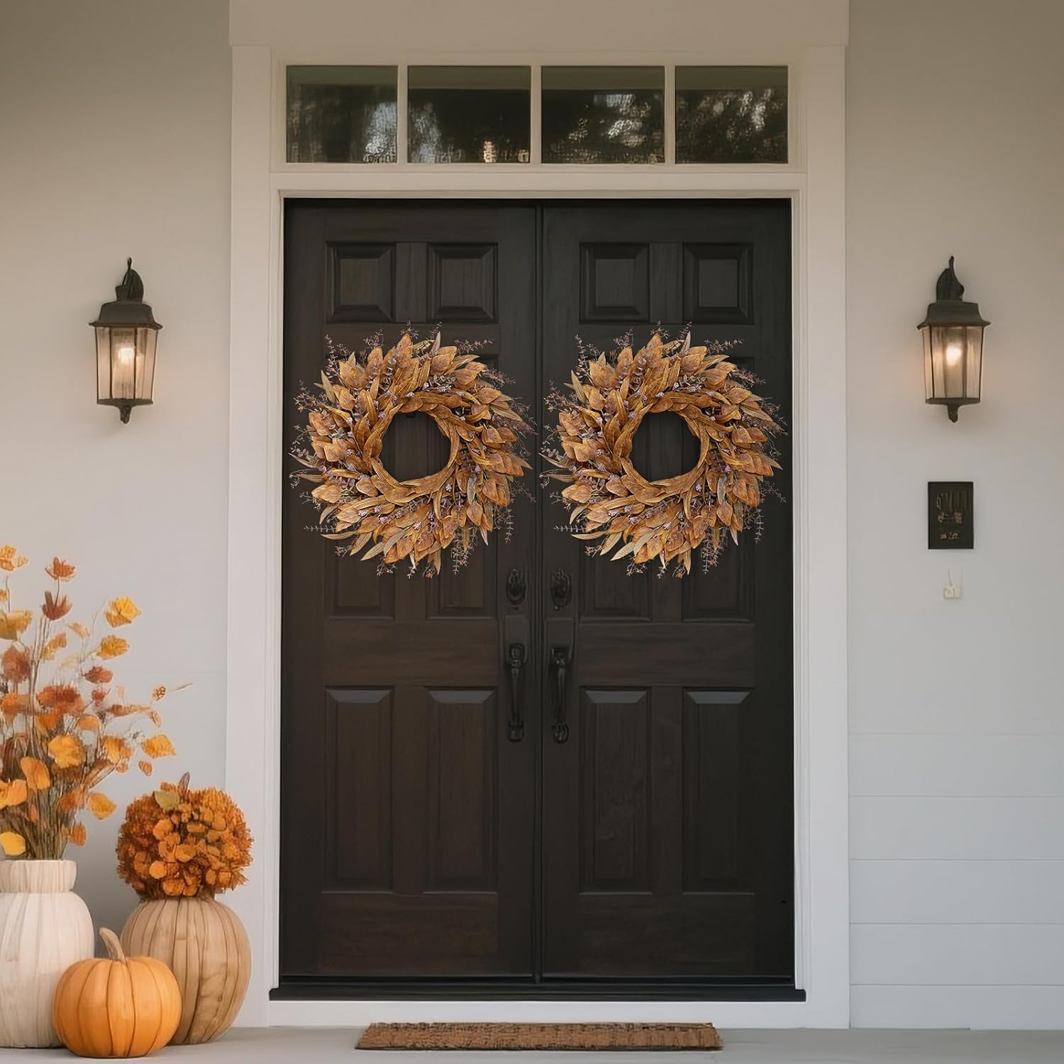 26'' Eucalyptus Wreath for Front Door - Autumn Large Artificial Eucalyptus Outdoor Wreath for Porch, Window,Farmhouse,Home,Holiday,Hanging Fall Decorations (Orange)