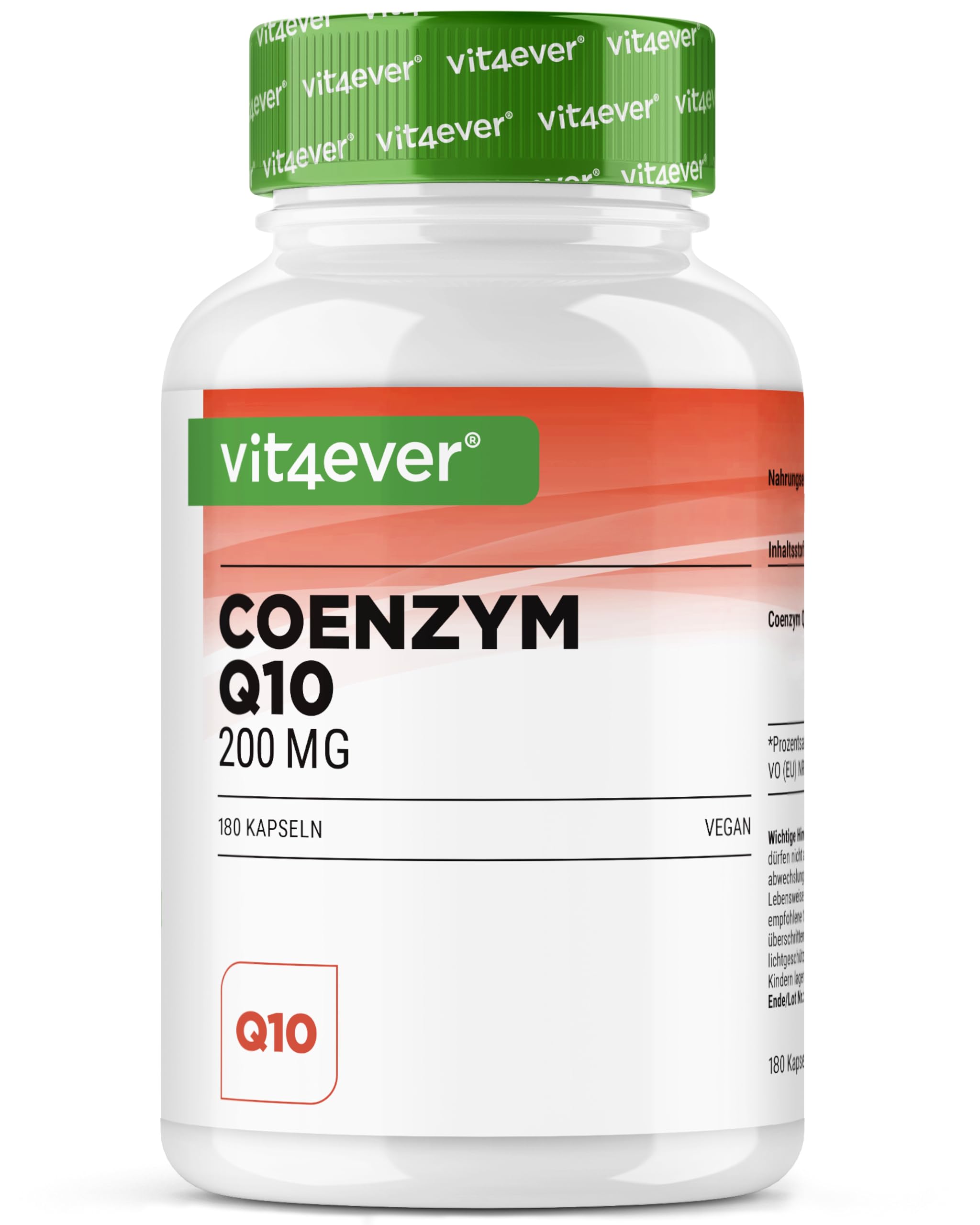 Coenzima Q10 con 200 mg per capsula - 180 capsule vegane - scorta per 6 mesi - Q10 di alta qualità - alto dosaggio, senza additivi inutili
