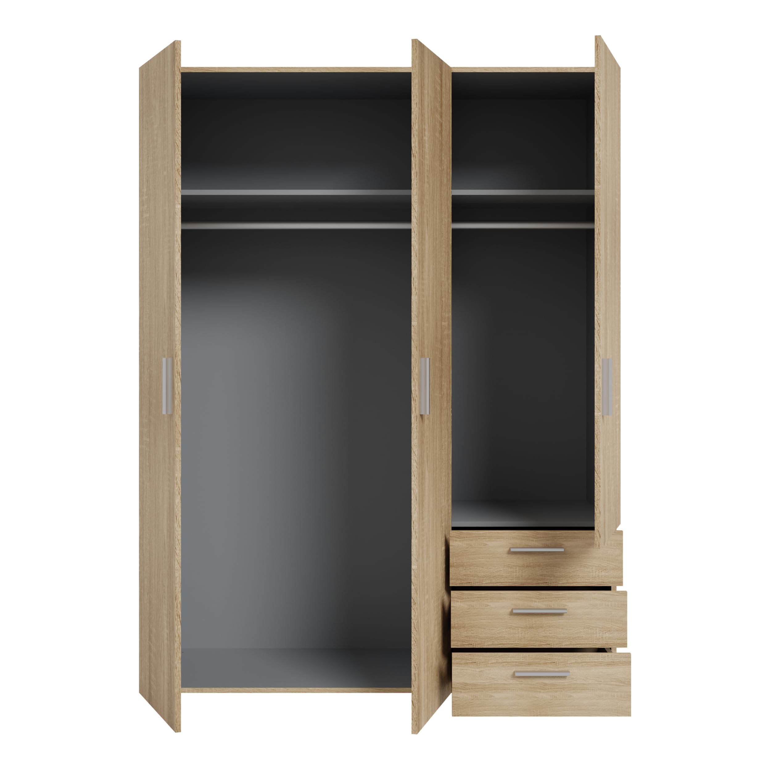 Forte Armario clásico Brooklyn 140 con 3 Puertas y 3 cajones, Madera de Roble Sonoma, 139,4 cm de Ancho, 185 cm de Alto, 54,2 cm de Profundidad