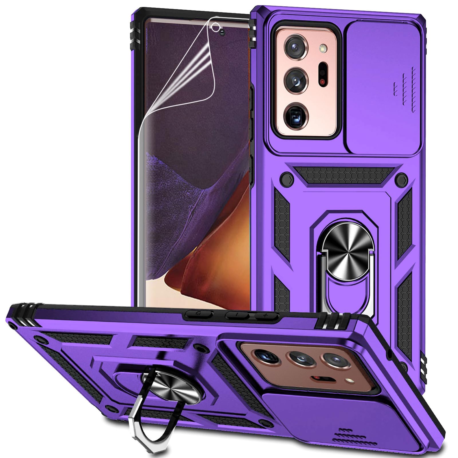for Samsung Galaxy Note 20 Ultra Case with Camera Lens Cover HD Screen Protector, Military-Grade Drop Tested Magnetic Ring Holder Kickstand Protective