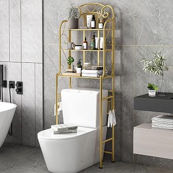 Over The Toilet Storage Rack, Multifunctional Bathroom Organizer Freestanding Toilet Rack, Metal Shelf with Hooks and Toilet Paper Rack, Space Saver Bathroom Shelf Over Toilet