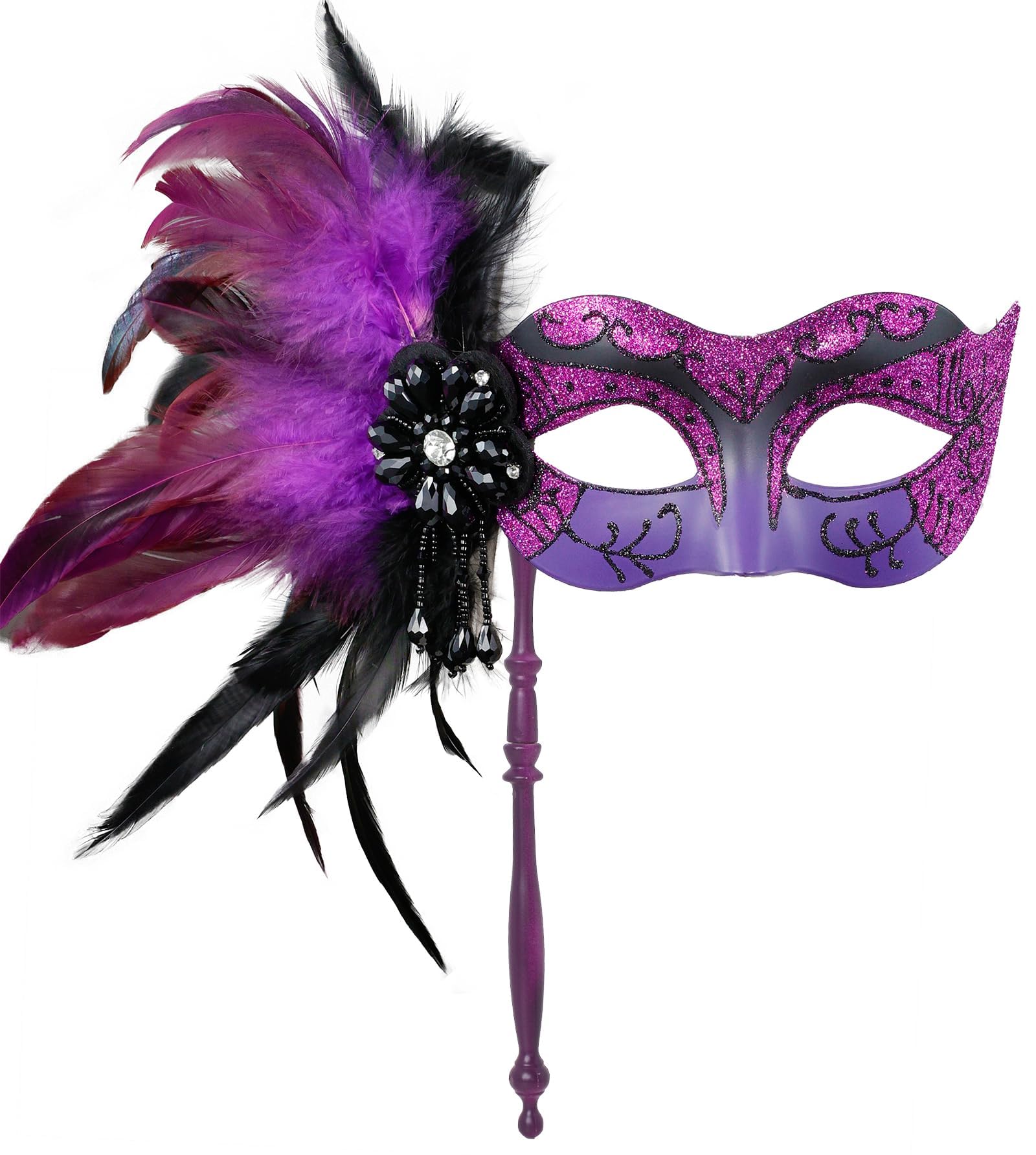 MYSEUNI 2025 New Purple Masquerade Mask for Women with Stick