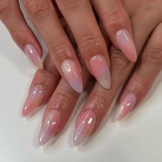Pink Ombre Press on Nails Medium Almond Fake Nails Glossy Lilac Gradient Glue on Nails Reusable Fingernails in 12Sizes-24pcs Reusable Artificial False Nails for Women Girls Daily Wear Manicure