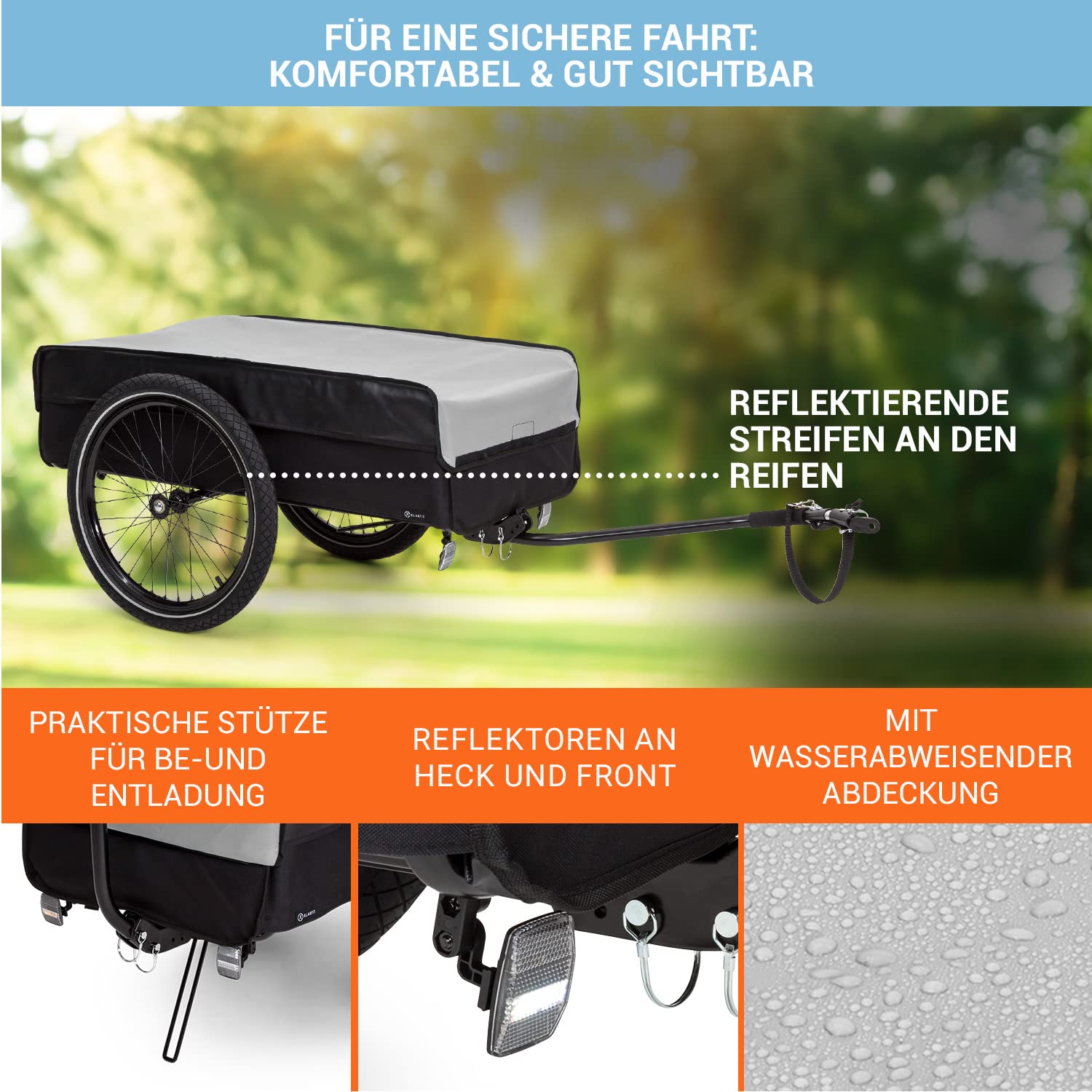 Klarfit Companion Fahrradanhänger - Lastenanhänger Fahrrad mit großer Ladefläche: 42 x 63 cm (BxT), Fahrradanhänger Lastenanhänger mit ca. 50 L Fassungsvermögen, 40 kg Ladegewicht