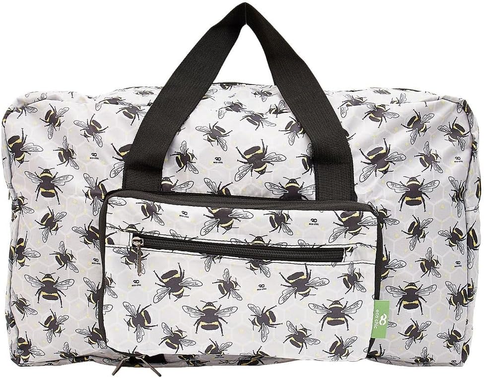 Eco Chic 30L Foldable Travel Duffel Bag Tote Carry on Luggage Duffle Overnight for Women and Men (Bumble Bees Grey)