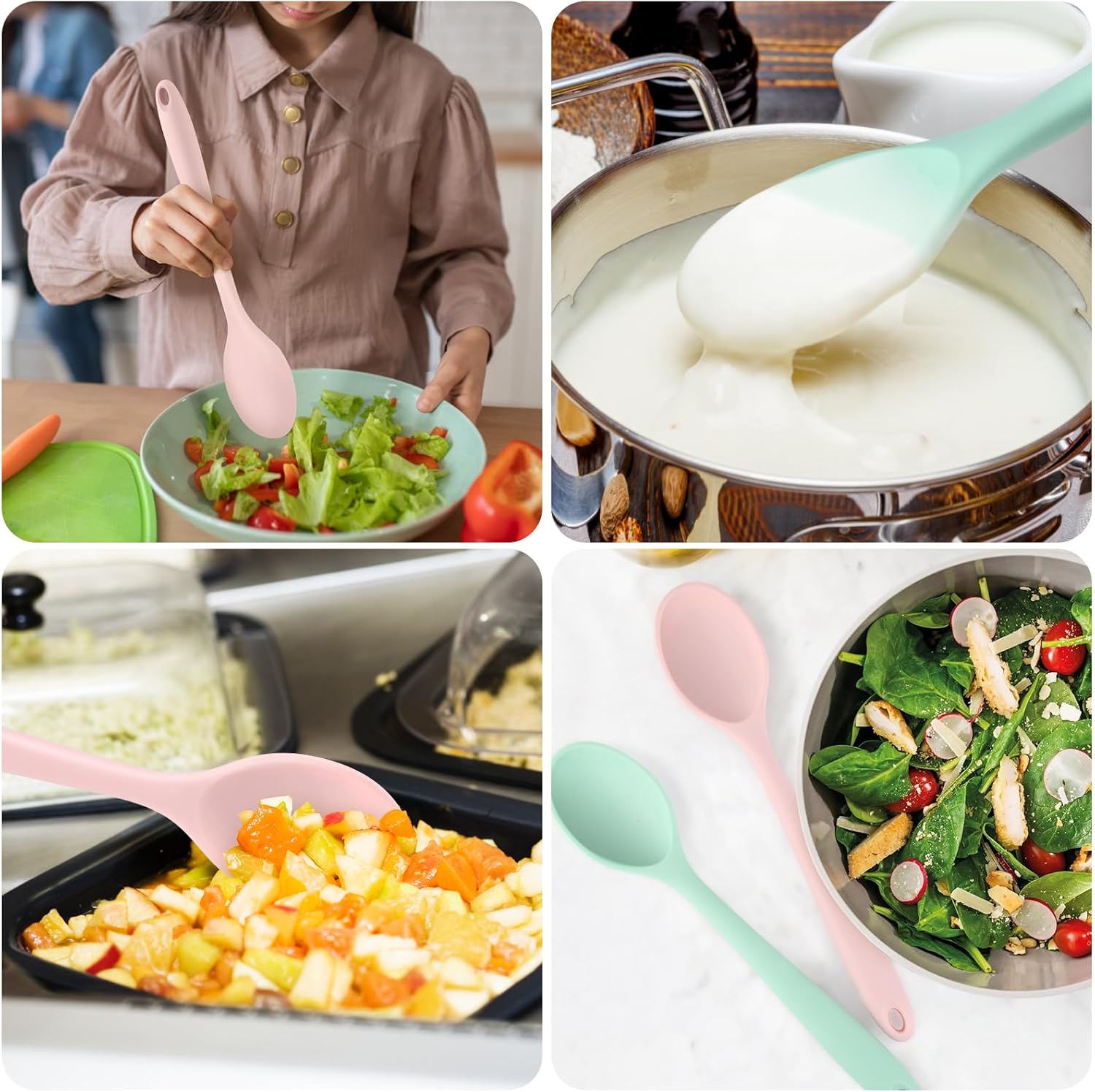 Silicone Mixing Spoons 2-Pack, 10.8" Large High Heat Resistant Nonstick Cooking spoon for Stirring, Mixing and Serving, Green & Pink Rubber Spoon.