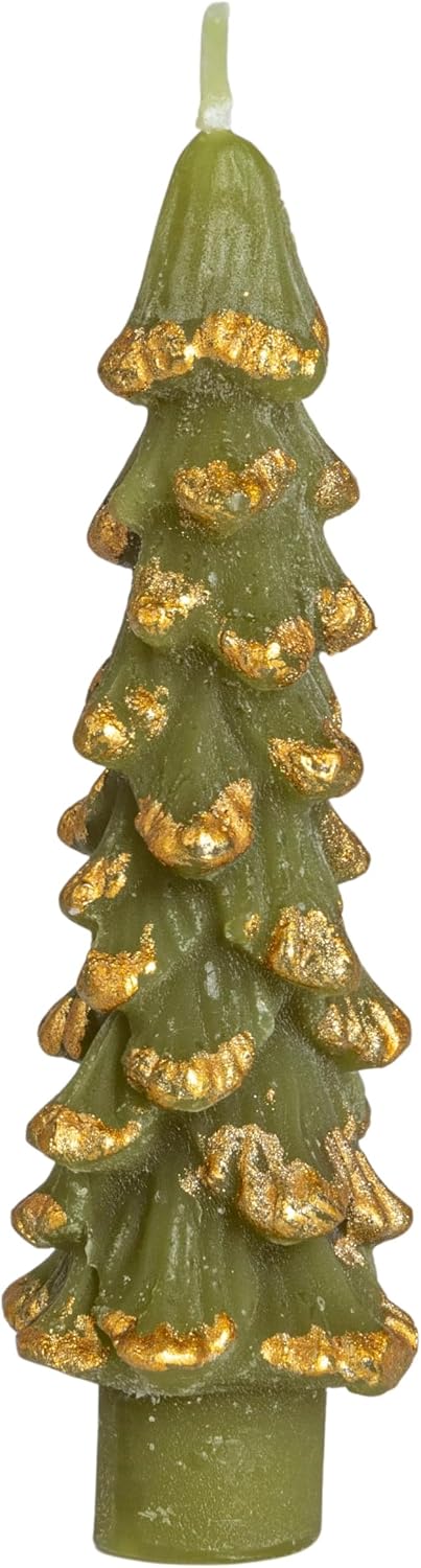 Creative Co-Op Unscented Textured Tree Shaped Taper Candles with Gold Tips in Box, Evergreen Color, Set of 2