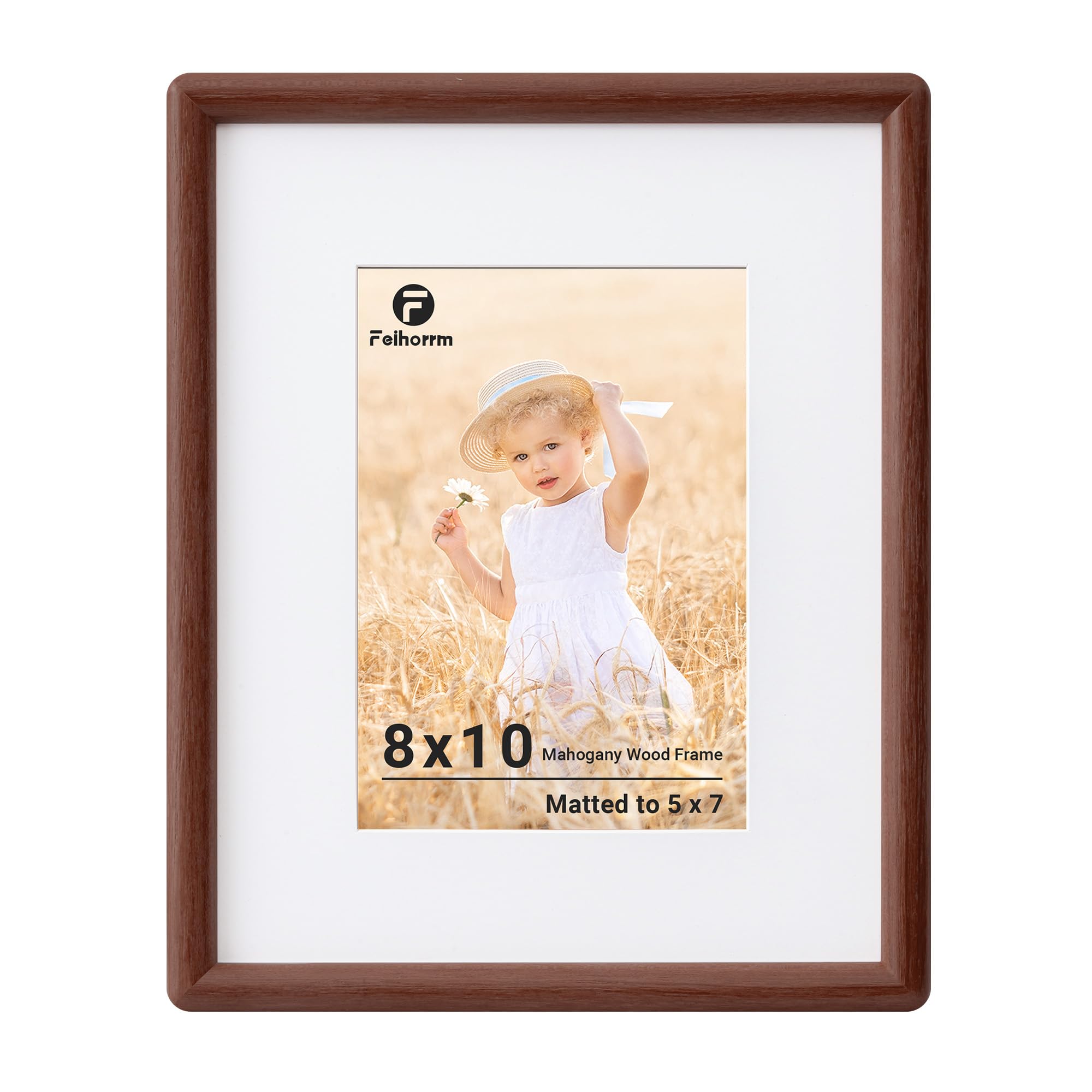 Feihorrm 8x10 Photo Frame, Mahogany Solid Wood Picture Frame, 10x8 Photo Frames, 8x10 Frame Matted to 5x7 Photos, Handcrafted Rounded Corners with HD Tempered Glass, Tabletop & Wall Mount Display