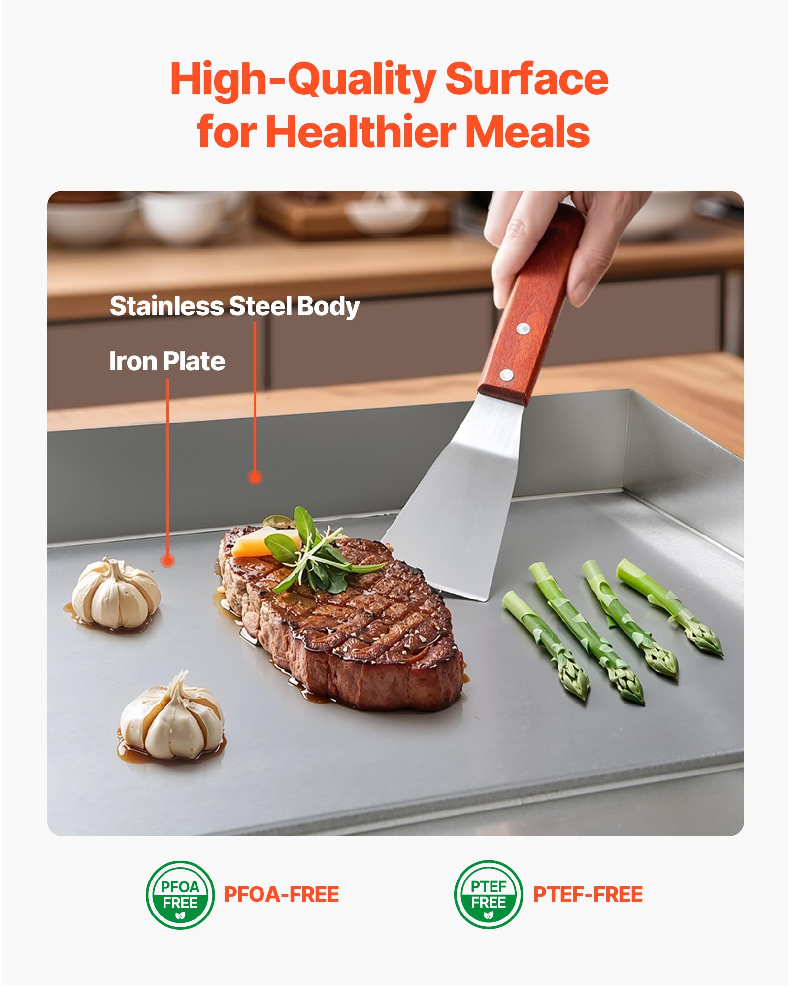 VEVOR Kommerzielle Grillplatte Elektrisch, Bratplatte Elektrogrill, Tischgrillplatte 50–300 °C mit 2 Spateln, 2 Bürsten und 4 Fußpolstern, Griddleplatte für Steaks Pfannkuchen (725x400 mm)