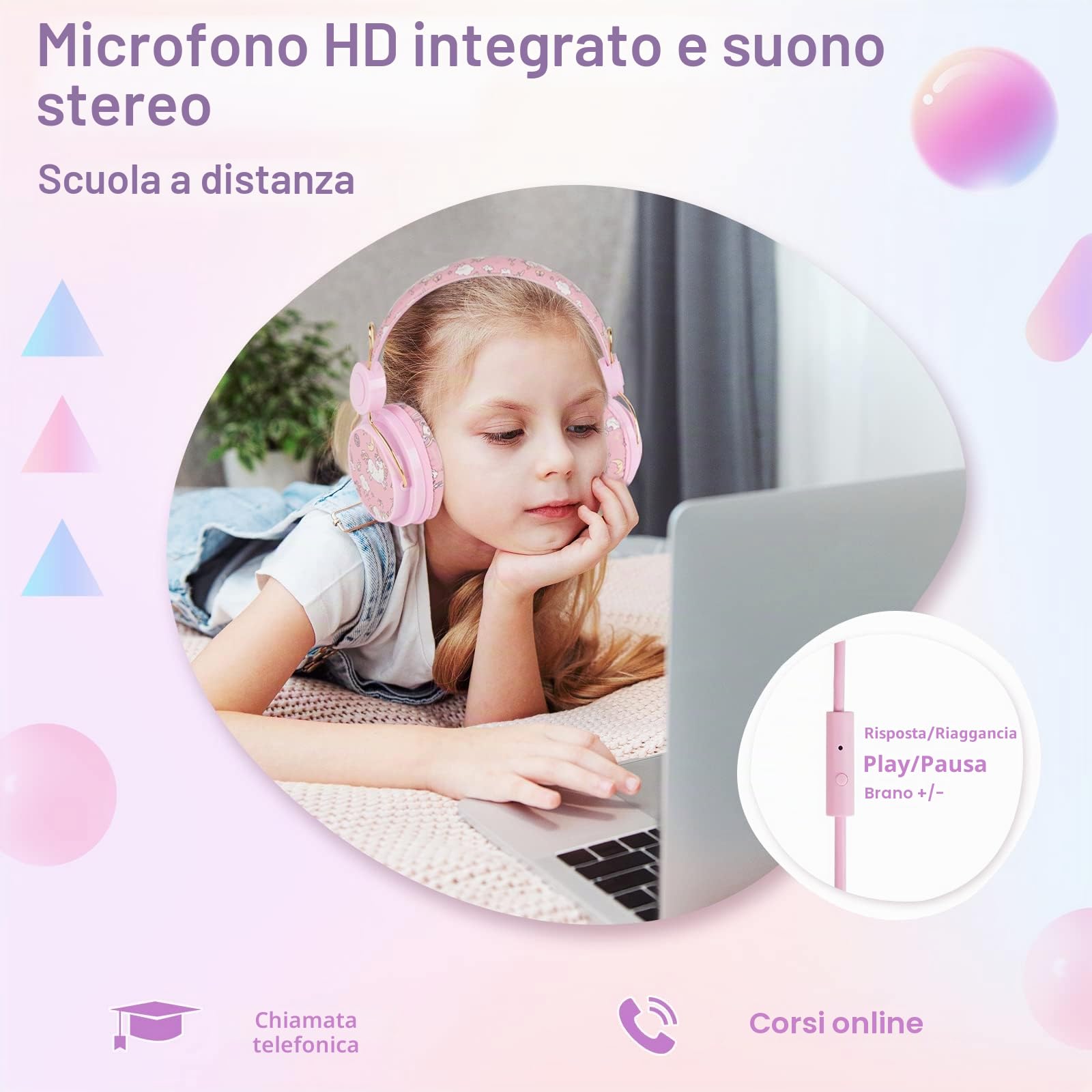 JYPS Cuffie Bambina, Cuffie Per Bambini Unicorno Con Filo e Microfono, Suono HD Stereo, Musica Bambino Headphones Over Ear Pieghevoli Per Ragazza, per Scuola/Tablet/PC