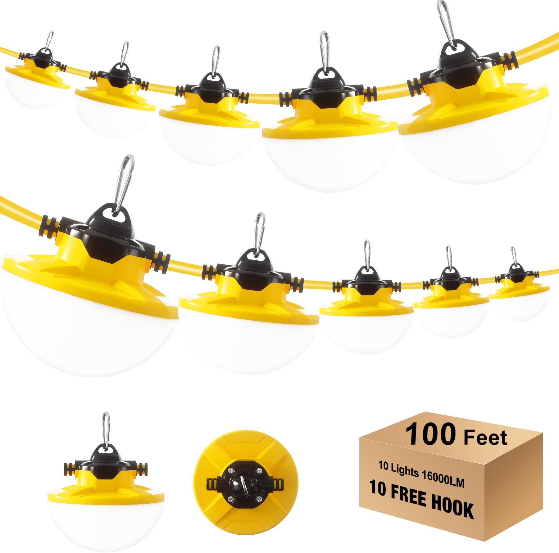 100FT Construction String Light 130W 16000Lm, 5000K Industrial Grade LED String Work lights, IP65 Waterproof Temporary Lighting for Construction Sites, Renovation, Mine Cave, Job Site, Walkways