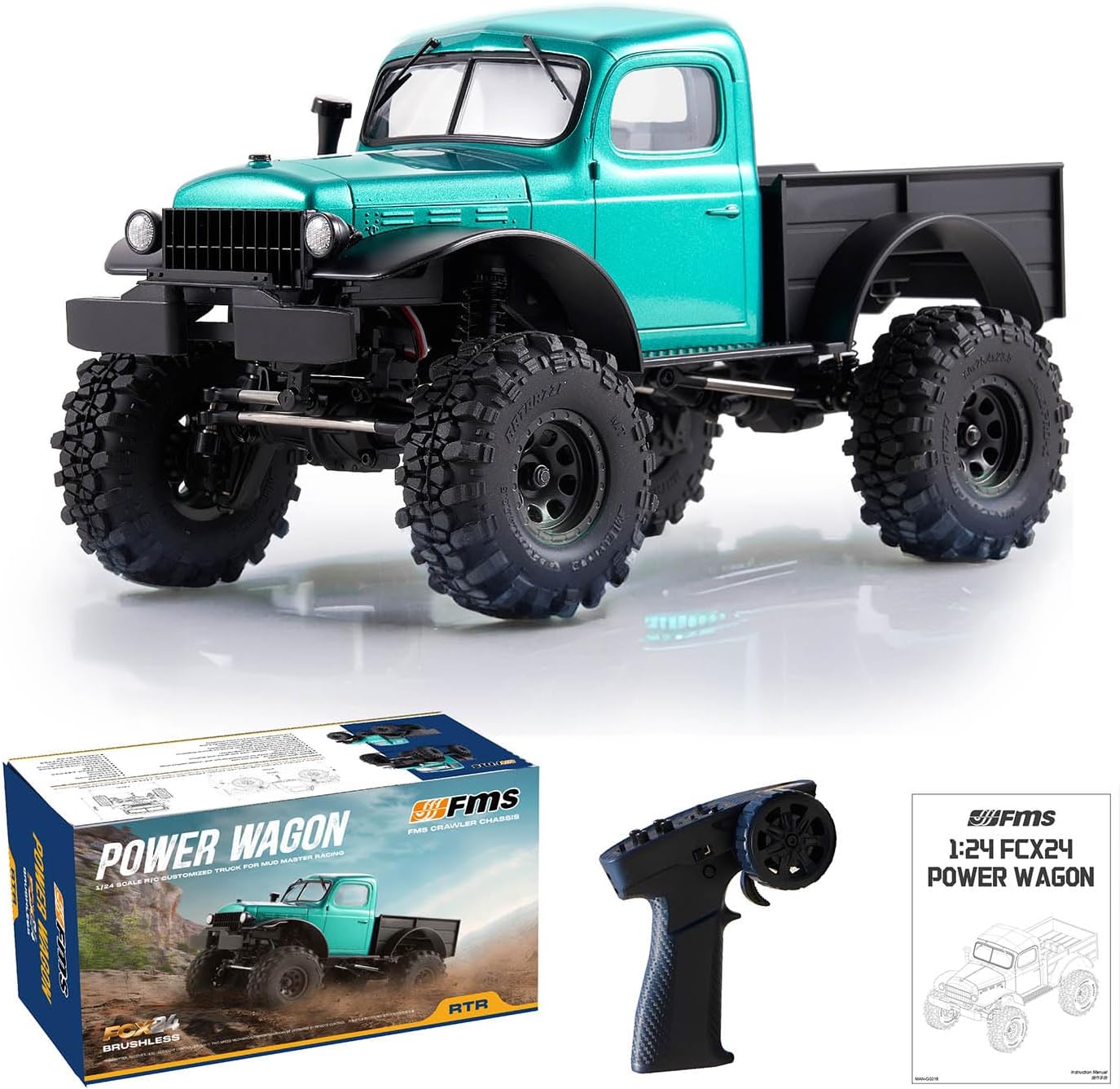 FCX24 FMS 1/24 Power Wagon Brushless RC Crawler, Offroad Trucks 4X4 RC Rock Crawler with 2 Speed Switch, Portal Axles and LED Lights for Adults (Green)