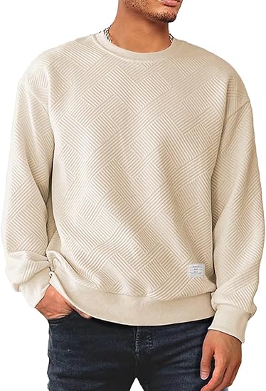 Men's Crewneck Sweatshirts Soild Color Geometric Texture Long Sleeve Casual Pullover Shirt
