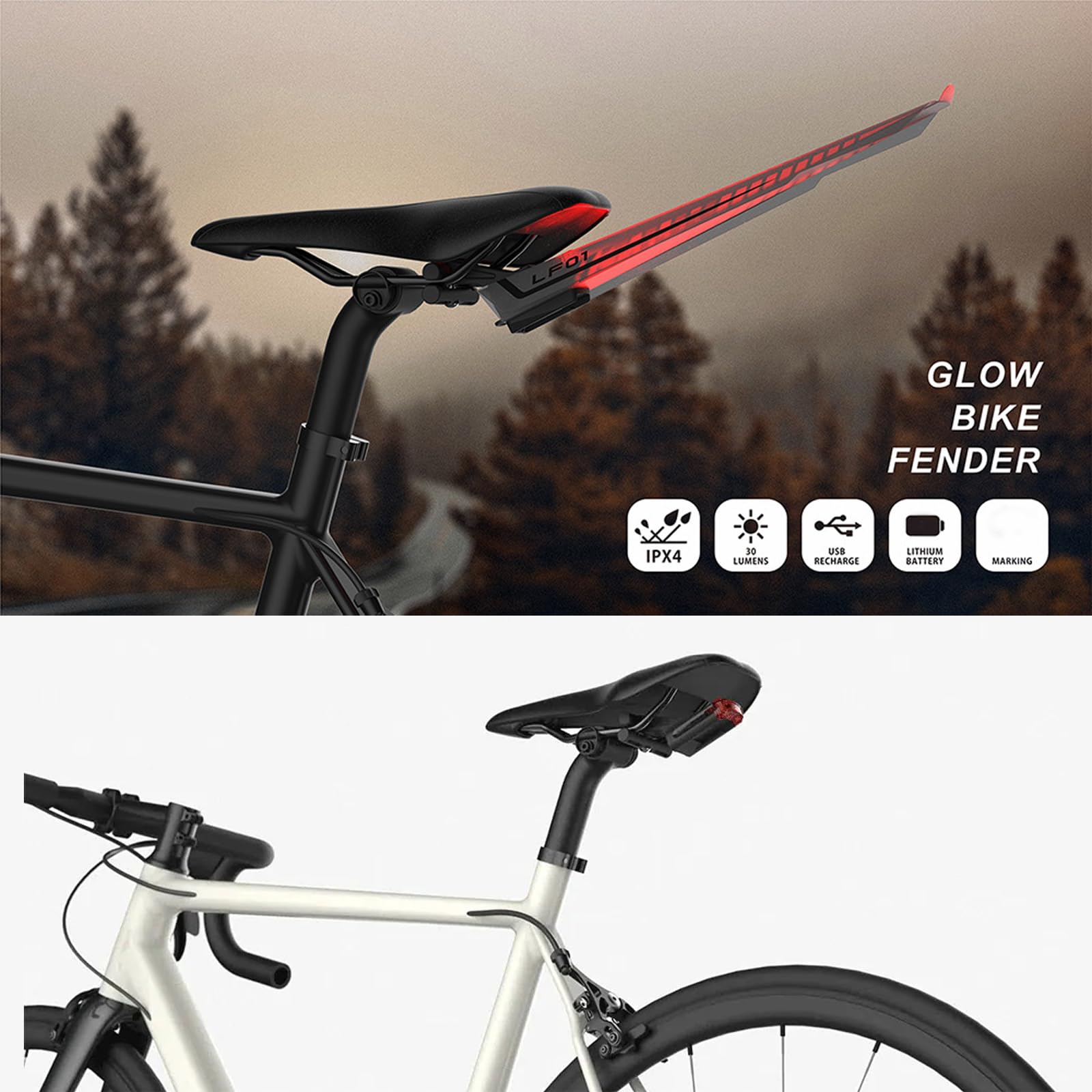 Guardabarros trasero ligero con luz trasera LED, ajustable, para bicicleta de montaña y carretera, a prueba de salpicaduras, fácil de instalar, equipo de ciclismo ajustable