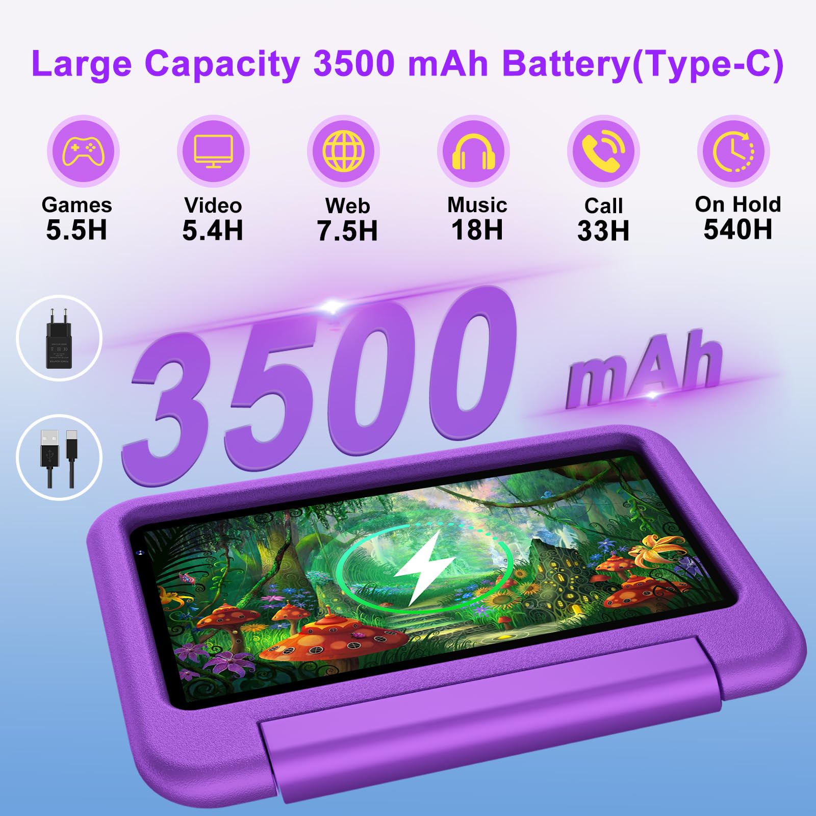 DEERTiME Tablet Andorid 14 Bambini 7 Pollici 10GB RAM + 64GB ROM (TF 1TB), WiFi 6, BT5.0, Octa-Core, Controllo Parentale | Doppia Fotocamera | GMS Certificated | GPS | Tablet con Custodia EVA - Viola