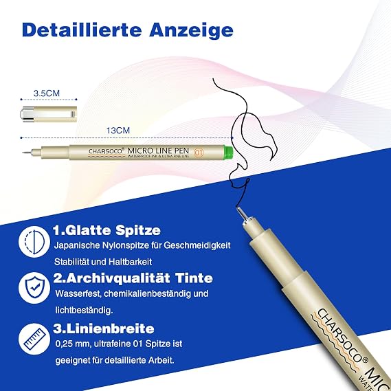 Micro Pen, Fine Point Pen with 12 Colors, Waterproof Archival Ink, 0.25mm Fineliner Ink Pens for Artist Illustration, Sketching, Anime, Manga, Technical Drawing and Scrapbooking