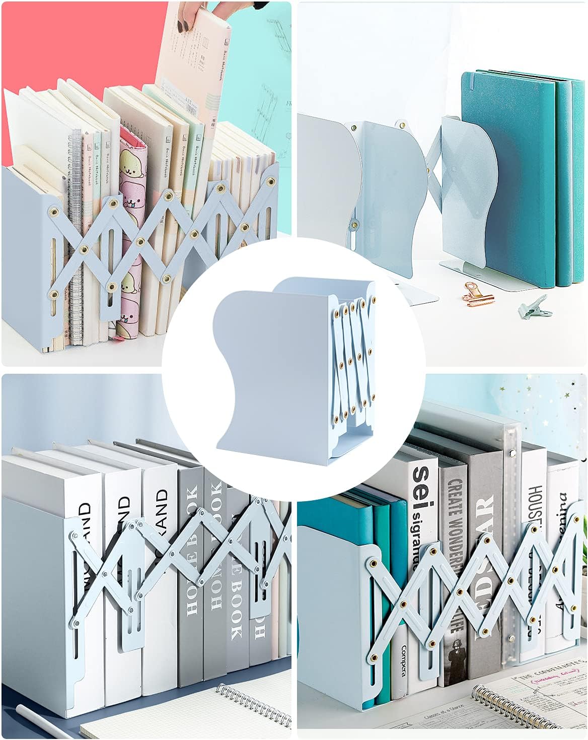 MSDADA Adjustable Bookends, Bookends for Heavy Book, Expandable Book Organizer for Office, School, Libraries, Extends up to 19 inches (Light Blue)