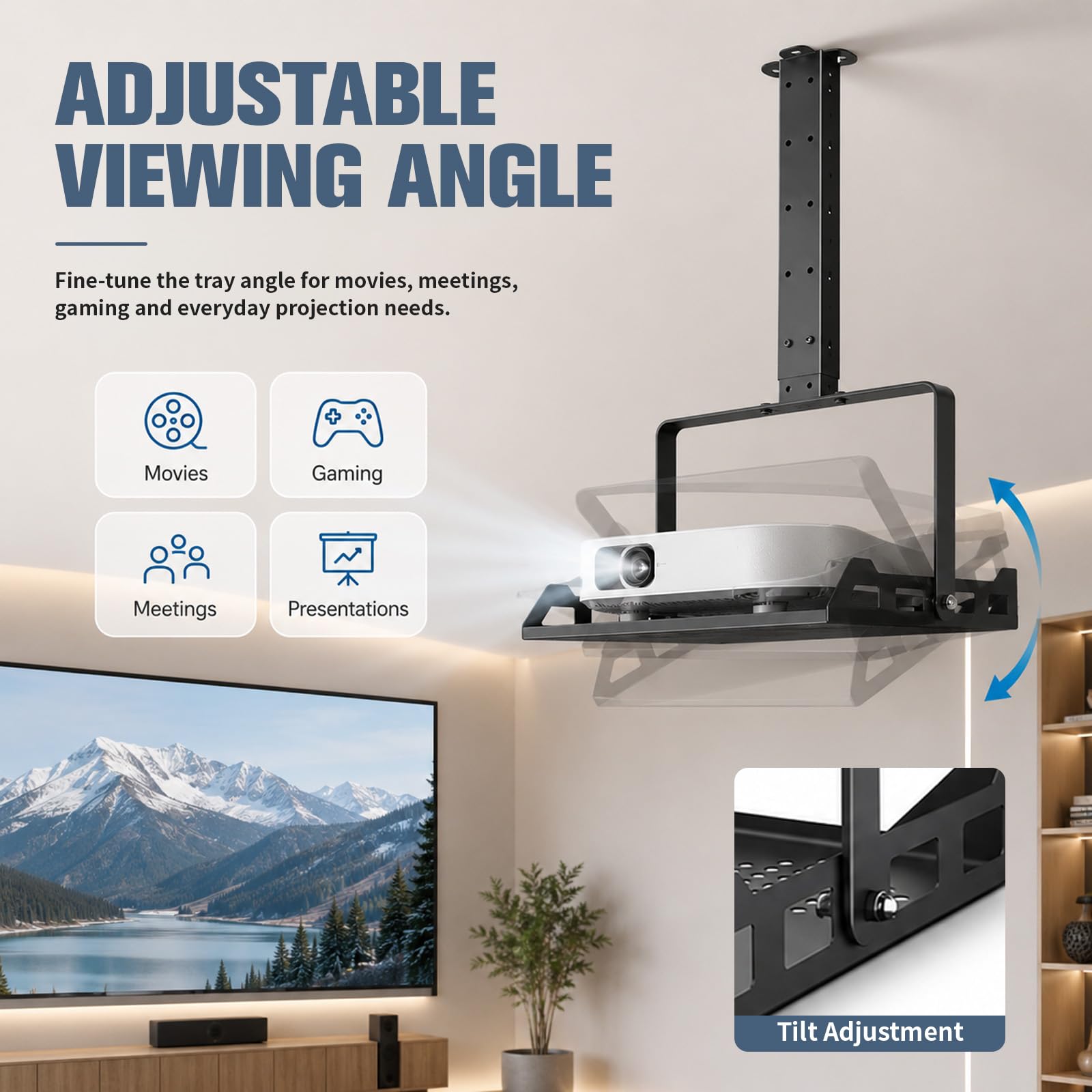 Beamer Halterung Decke Höhenverstellbar, Universal Beamer Deckenhalterung mit Kabelmanagement, Projektor Halterung Decke Tragkraft 10kg für Heimkino Büro Schule Schwarz