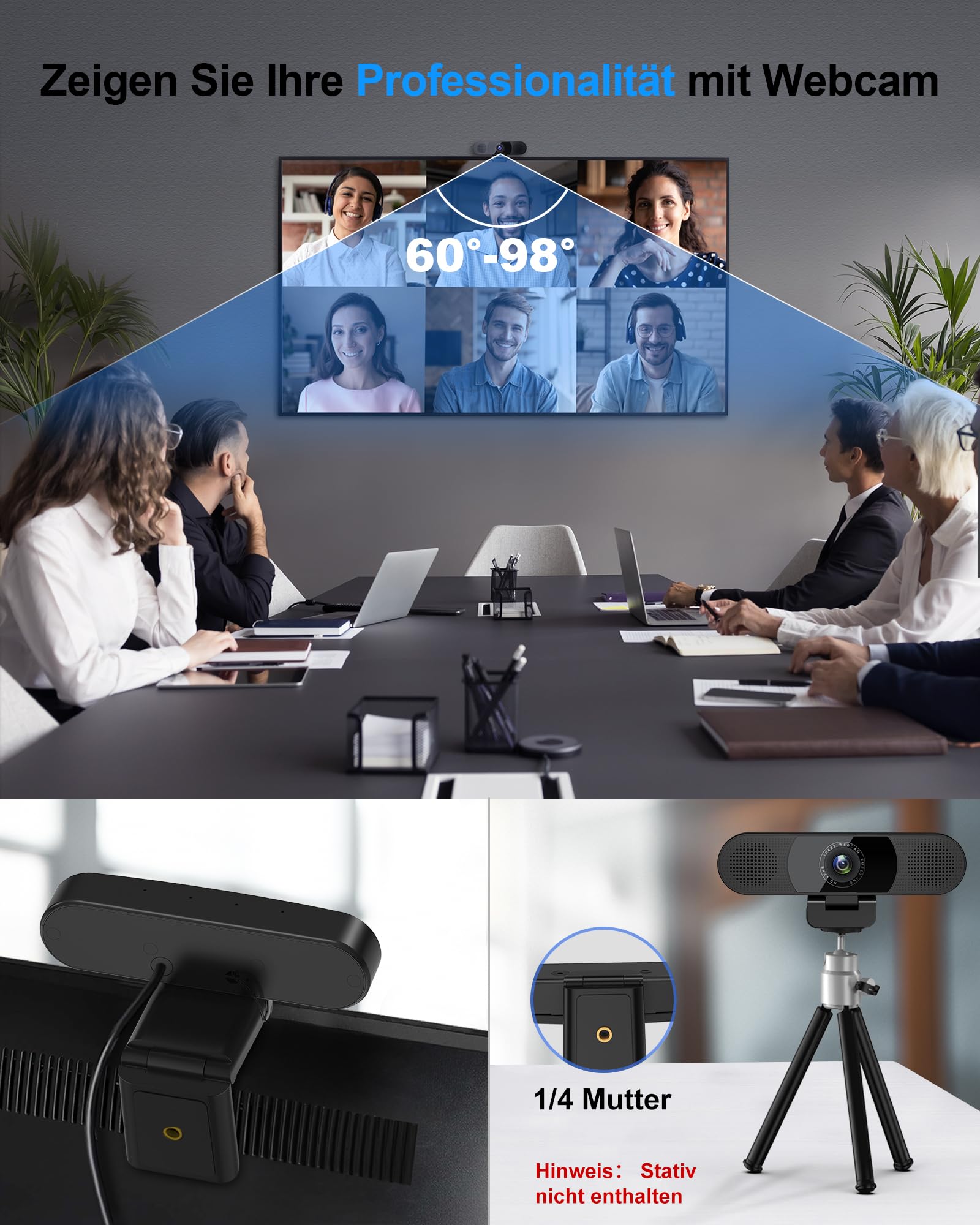 EMEET Webcam C980PRO, mit Mikrofon und Lautsprecher, mit Objektivabdeckung, 90 ° Sichtfeld, Autofokus, Plug & Play, Web Cam Ideal für PC, Teams, Konferenz