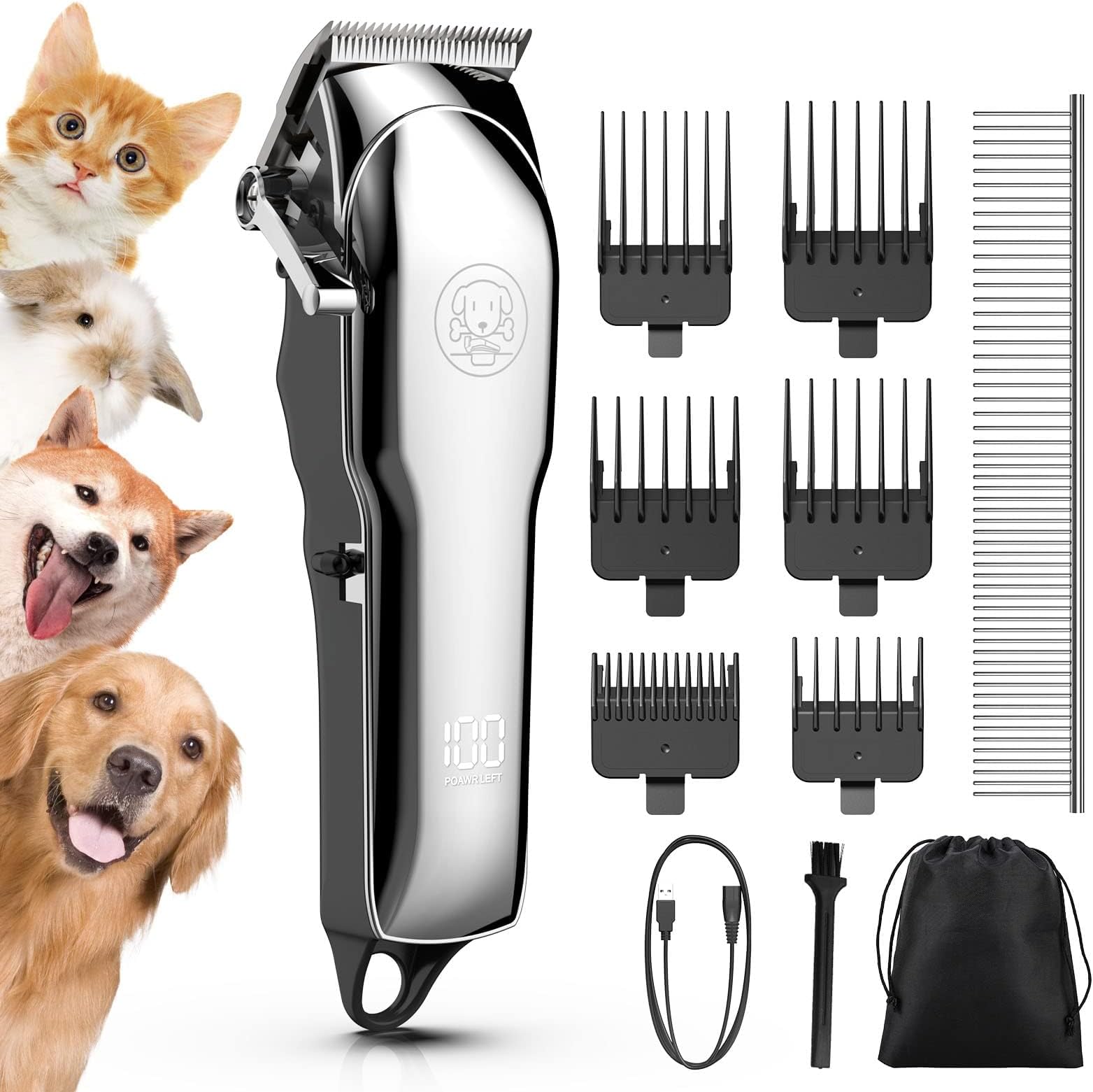 Dog Clippers Thick Hair, 7000RPM Professional Cordless Dog Grooming Kit Low Noise Rechargeable Cordless Pet Shaver with Stainless Steel Blade/Waterproof for Pets and Animals
