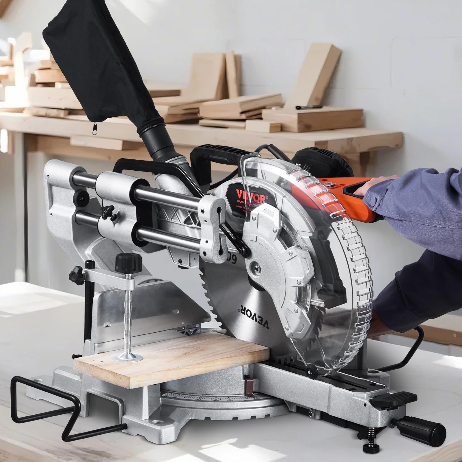 vevor sliding compound miter saw, 12-inch blade, 15 amp motor, 60-tooth, corded double bevel sliding miter saw, led precision alignment, angle adjustable, for wood, composite decking, laminates j1g-zp11-k305