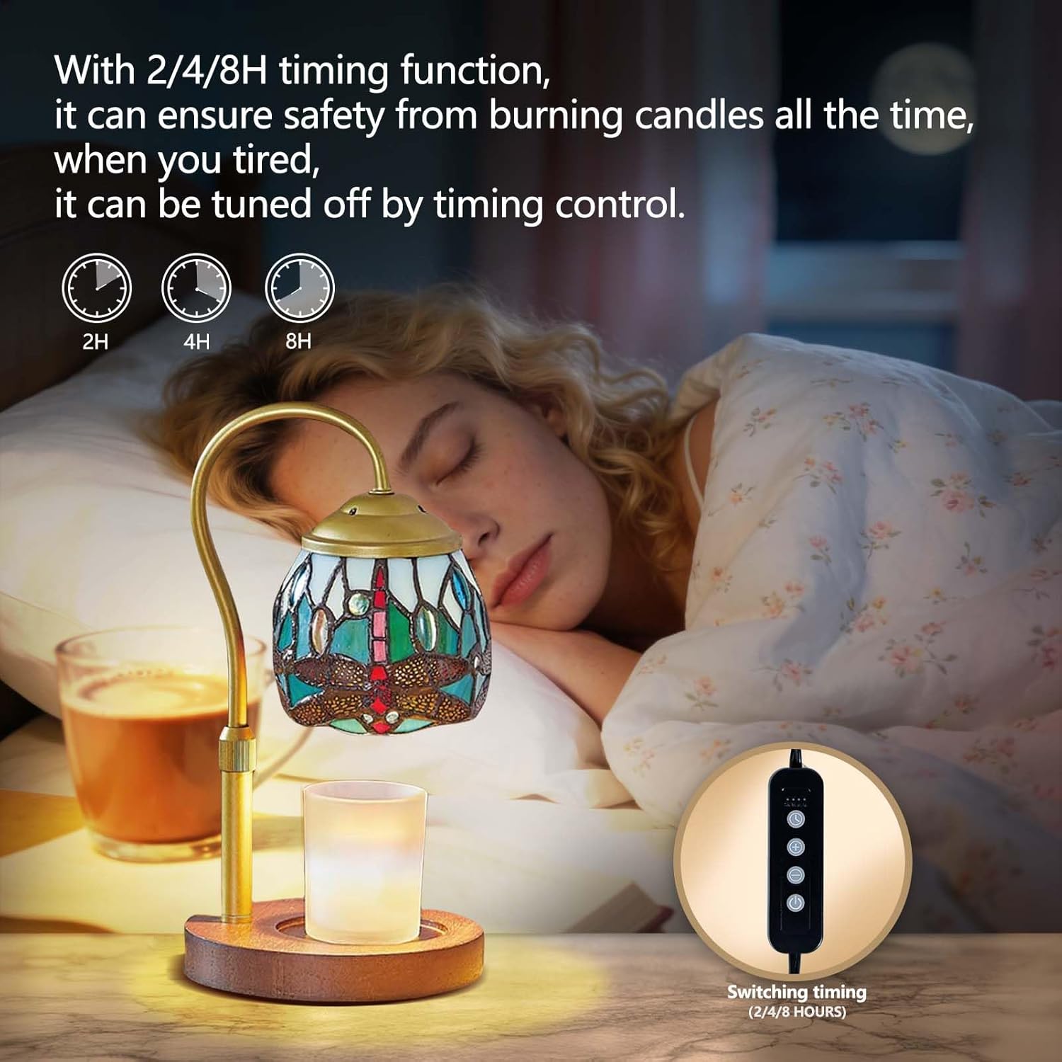 Dragonfly Tiffany Style Candle Warmer Lamp, Adjustable Height Candle Warmer Lamp with Timer and Dimmer, Dimmable Electric Candle Warmer for Scented Wax, Glass Shade, Metal Stem, Wooden Base