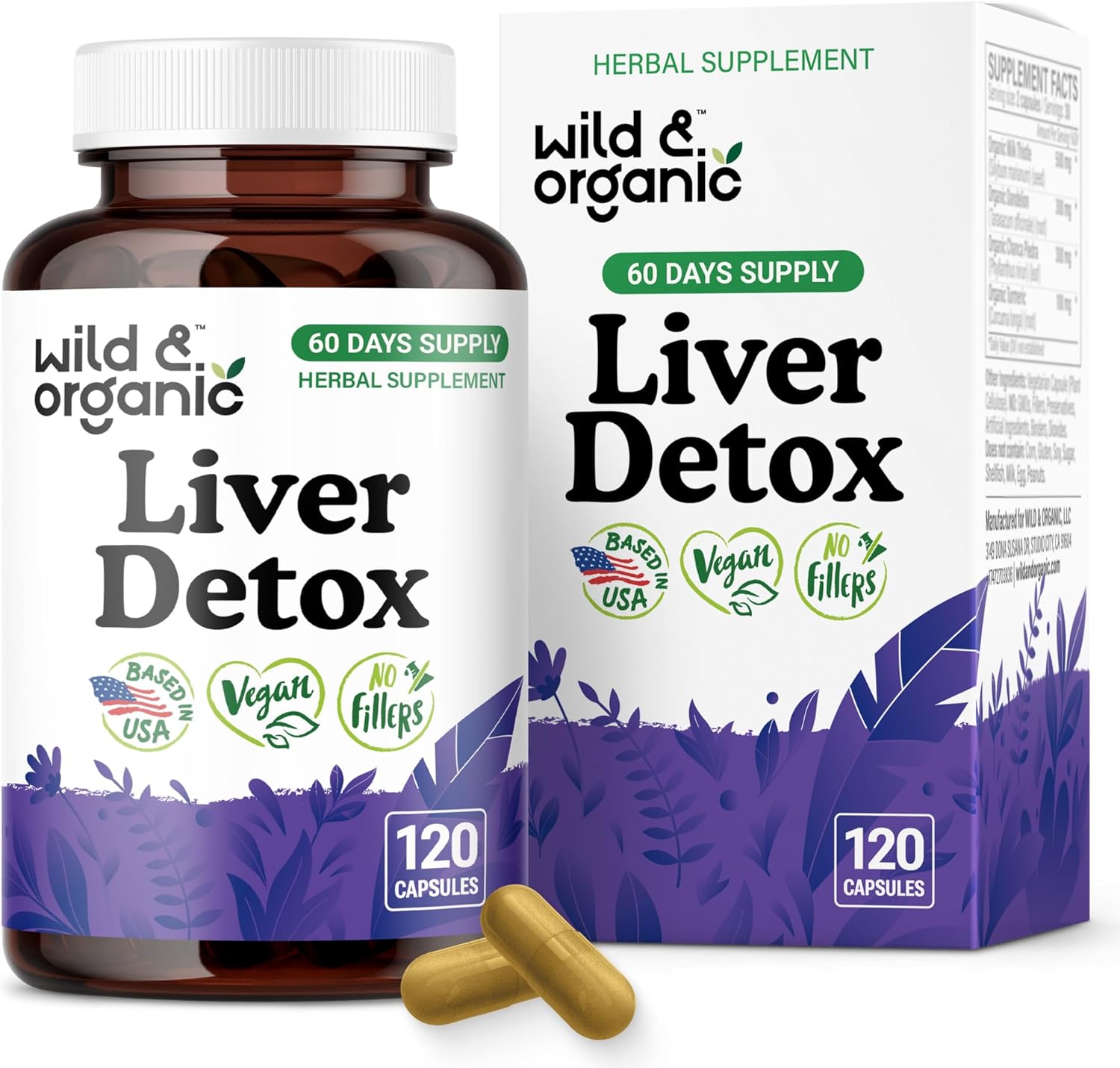 Wild & Organic Liver Detox Capsules – Milk Thistle, Dandelion Root, Turmeric Liver Cleanse Support – Silymarin Milk Thistle Supplement – 120 Vegan Capsules – 2-Month Supply – Non-GMO