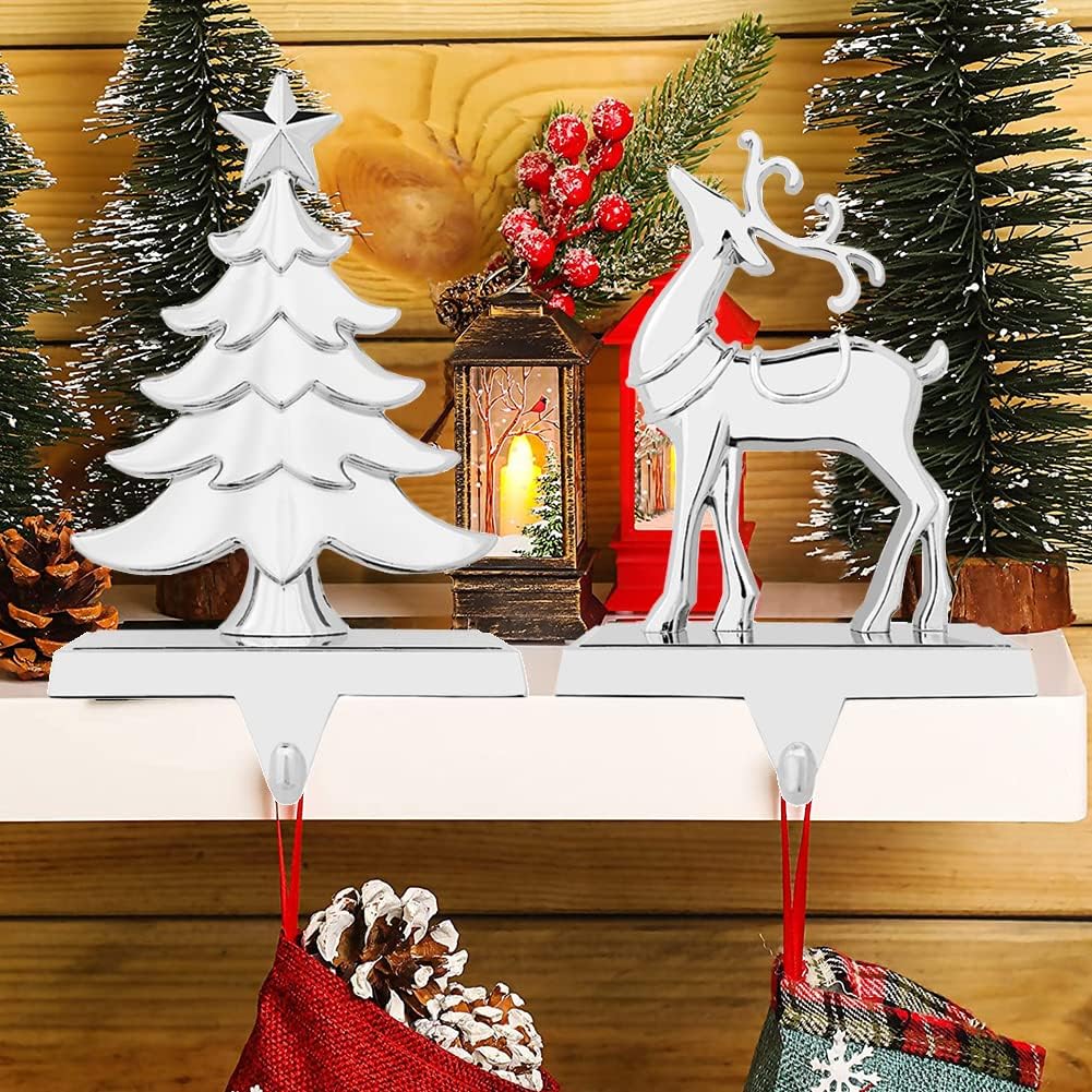 NaTursou Christmas Elk and Tree Stocking Holders for Mantle,Placed in Fireplace for Christmas Decor -Silver