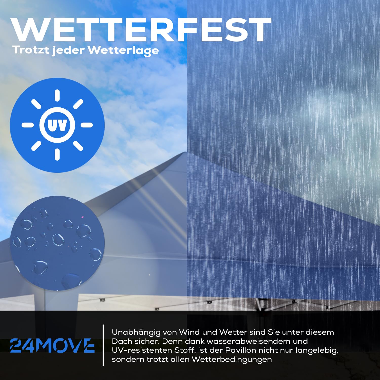 24MOVE® Pavillon Santos 3x3m Pop-Up UV-Schutz 50+ Wasserdicht & Winterfest mit Tasche faltbar & stabil, für Camping & Garten Faltpavillon - Partyzelt Blau