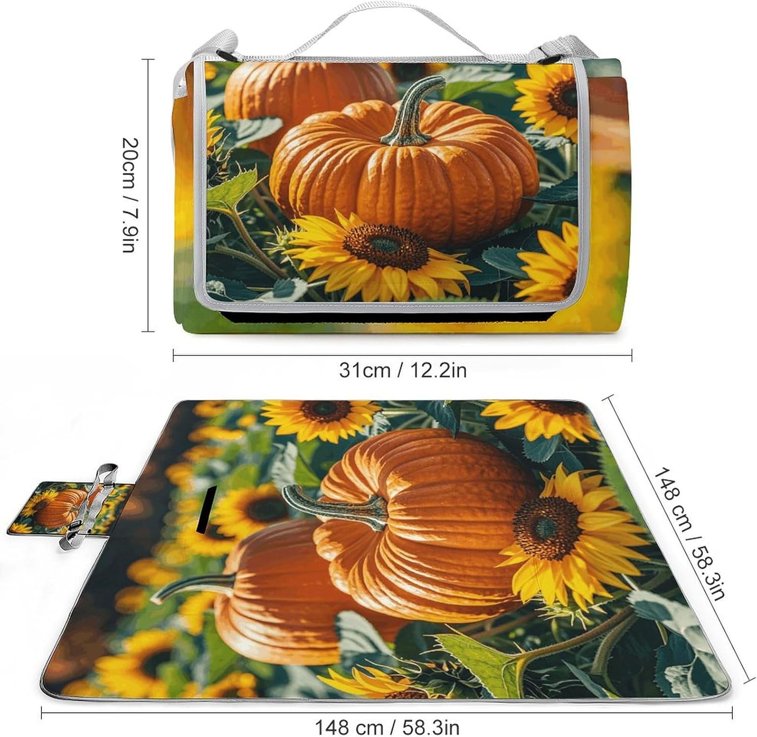 Outdoor Picnic Blanket Extra Large Beach Blanket Waterproof Picnic Mat Fall Pumpkin Sunflower Camping Blanket Portable with Carry Strap Park Blanket for Grass Camping Park