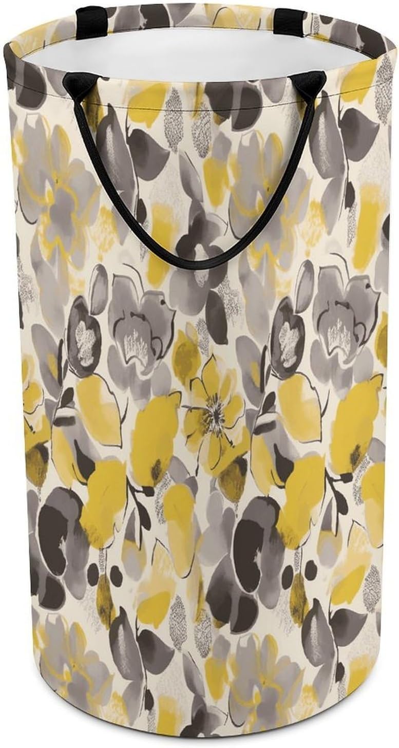 Yellow Gray Flower Laundry Basket Large Foldable Laundry Hamper with Handles Freestanding Collapsible Clothes Basket Waterproof Portable Dirty Clothes Hamper for Bathroom 86L