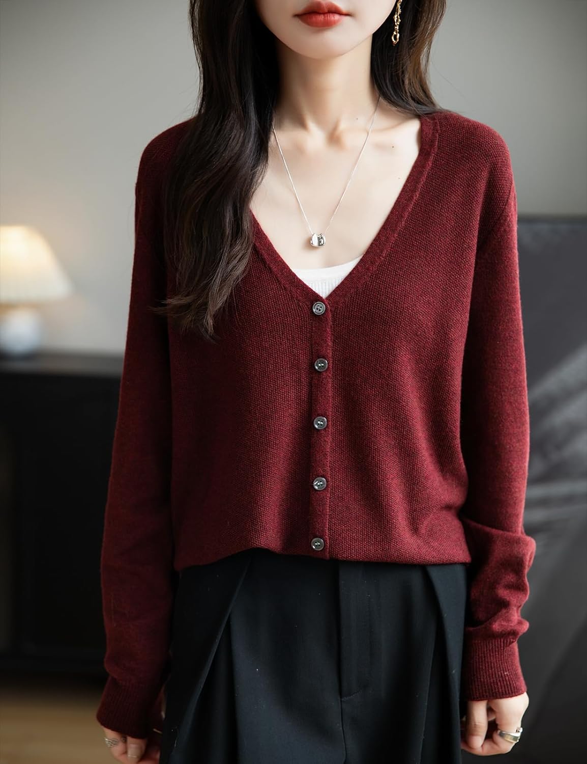 Women's Merino Wool Blend Cardigan V-Neck Fall Winter Long Sleeve First-Line Ready to Wear Seamless Knit Cardigan - Image 3