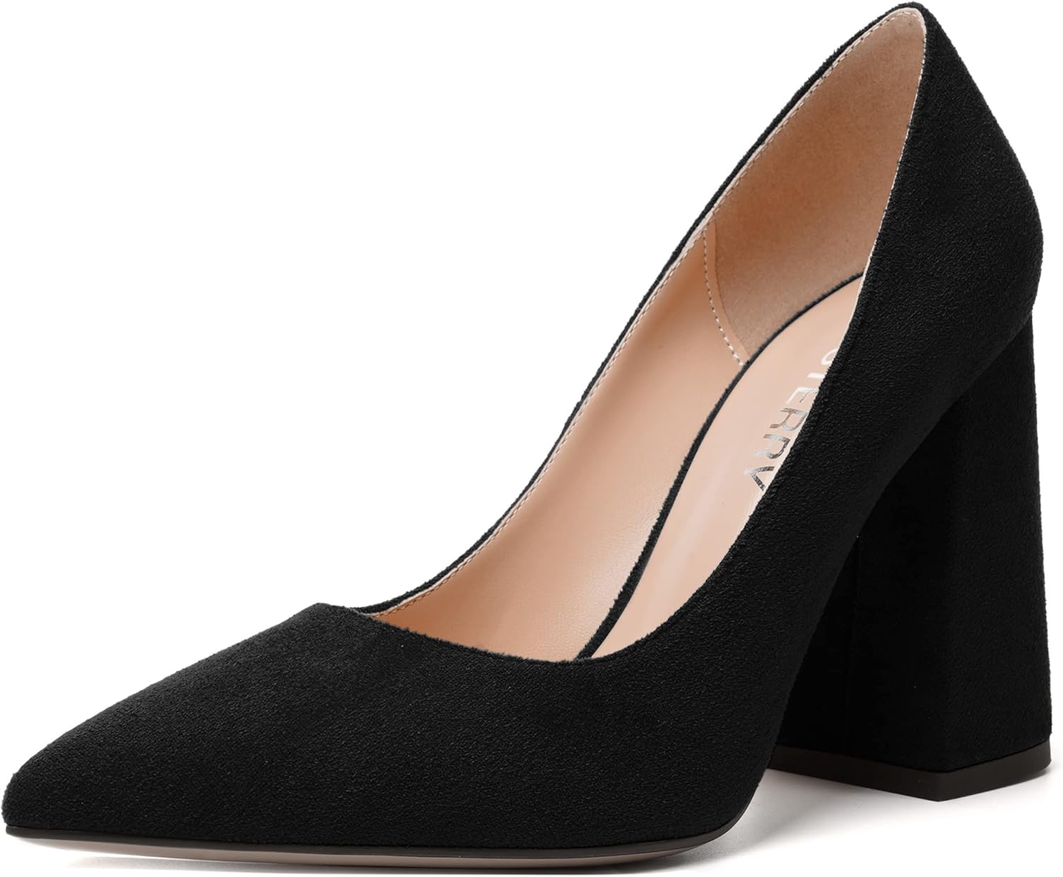 SKYSTERRY Womens Suede Business Slip On Pointed Toe Casual Block High Heel Pumps Shoes 4 Inch