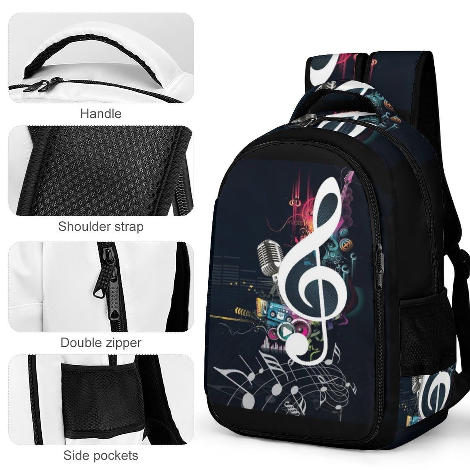 Tagesrucksack, brauner Rindsleder, Rucksack mit Taschen für Wandern, Camping, Reisen, Musiknoten, One Size