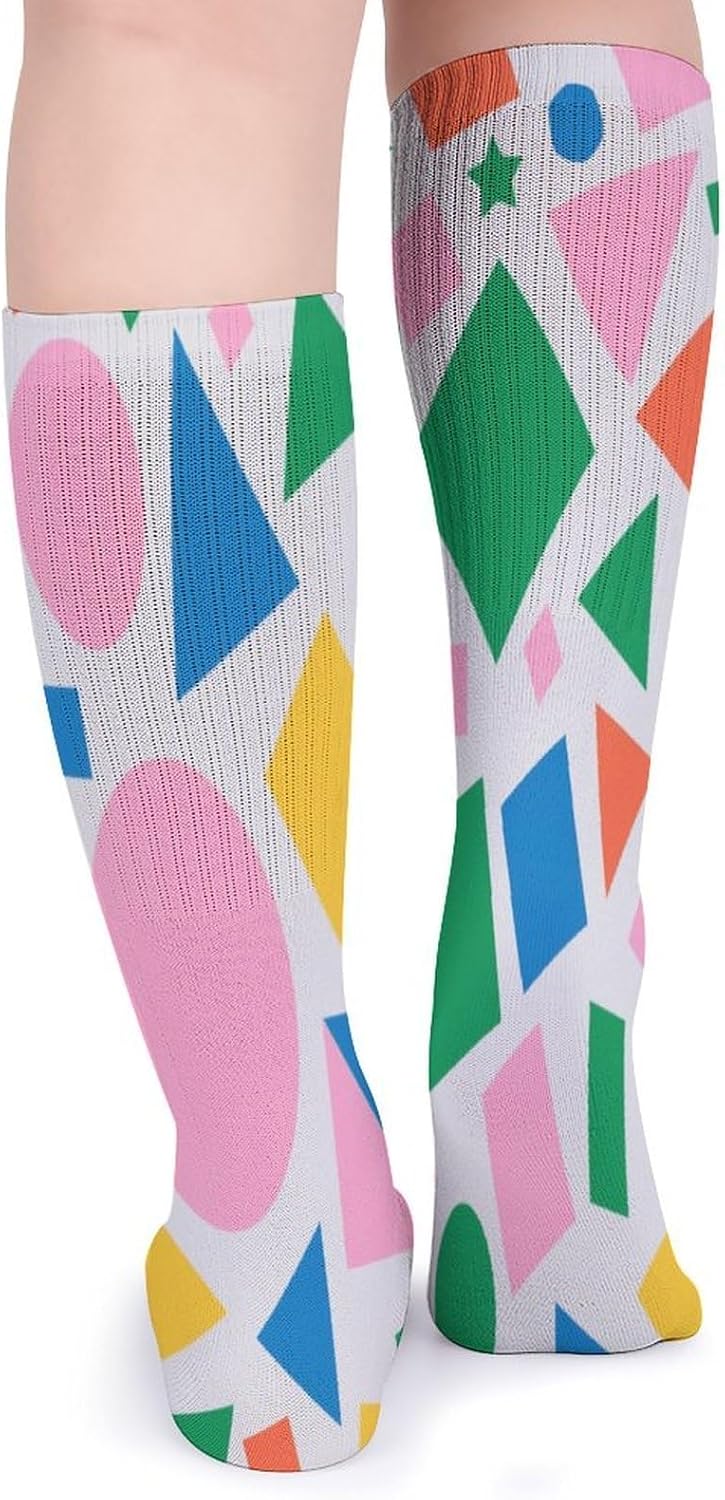 Geometric Collage Crew Socks High Stocking Thermal Socks | Tube Socks-Breathable-Moisture-Soft-wicking for Hospital Pilates Yoga for women men Grippy for office and daily walking