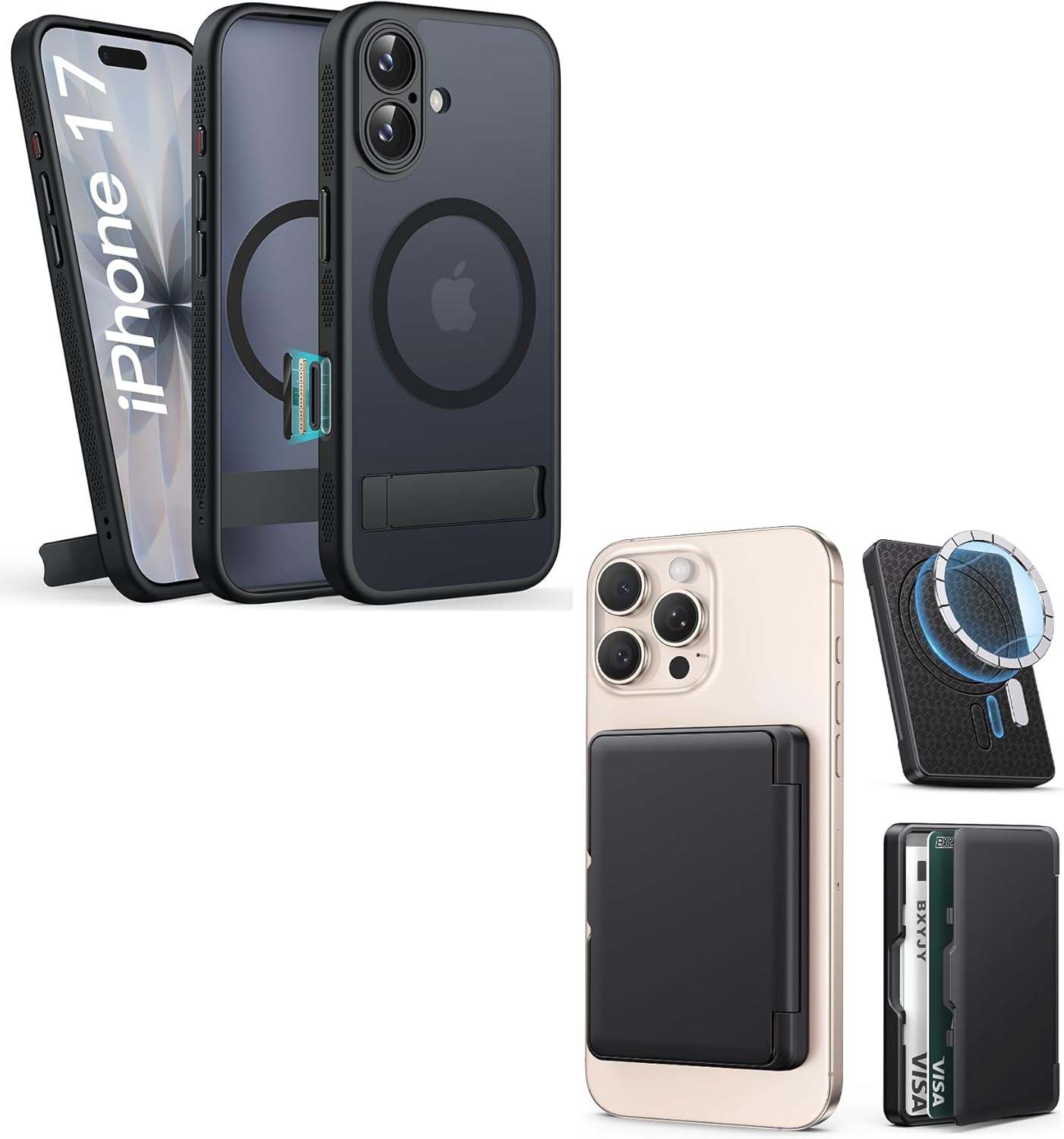 for iPhone 17 Magnetic Stand Case with Black Magnetic Wallet, Camera Control Button, Full Lens Protection, Compatible with MagSafe, Military Grade Case for iPhone 17, Black